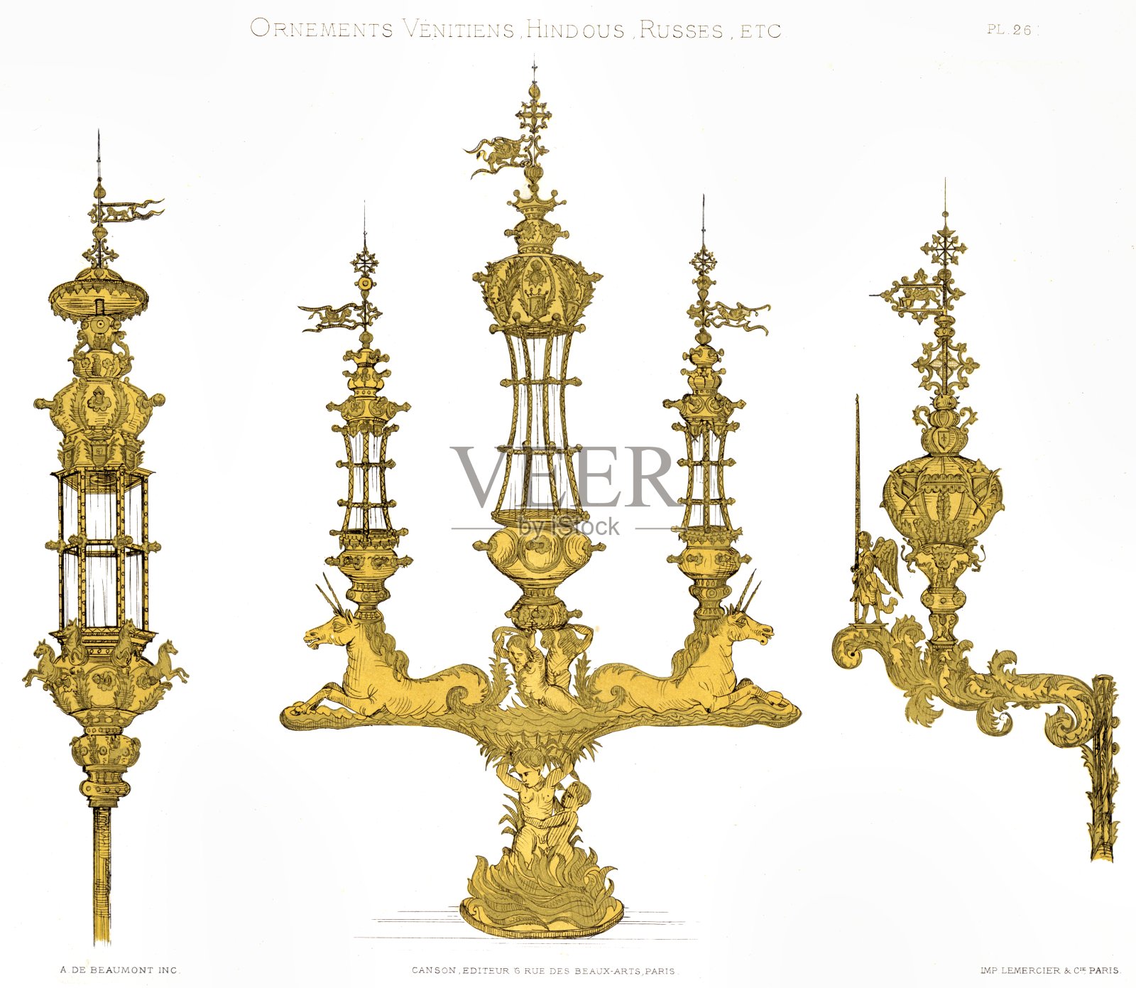 威尼斯加瓦利和萨格丽多宫殿的灯笼和火把。出自1883年的威尼斯装饰插画图片素材