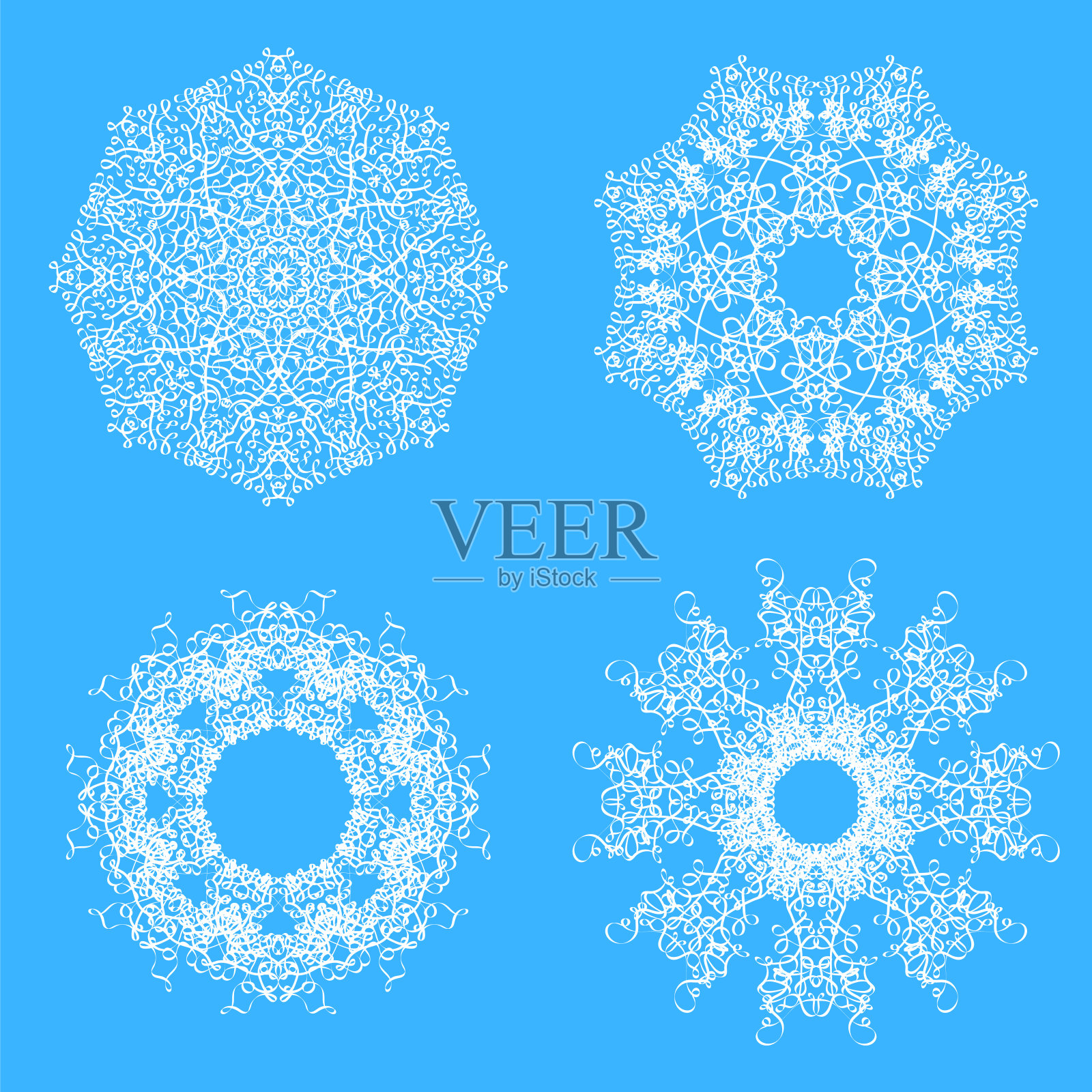 一组不同的冬季白色雪花孤立在蓝色背景。插画图片素材