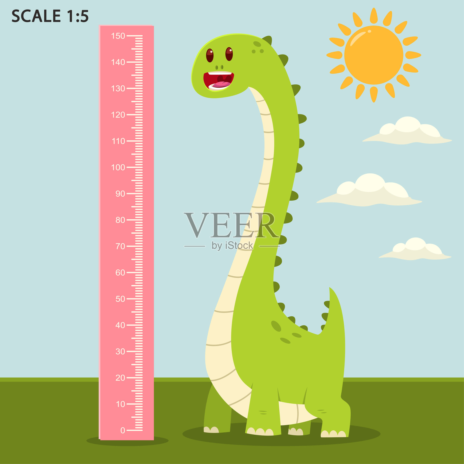 儿童仪表墙上有一个可爱的恐龙和测量尺。矢量卡通插图的动物在夏季景观。插画图片素材