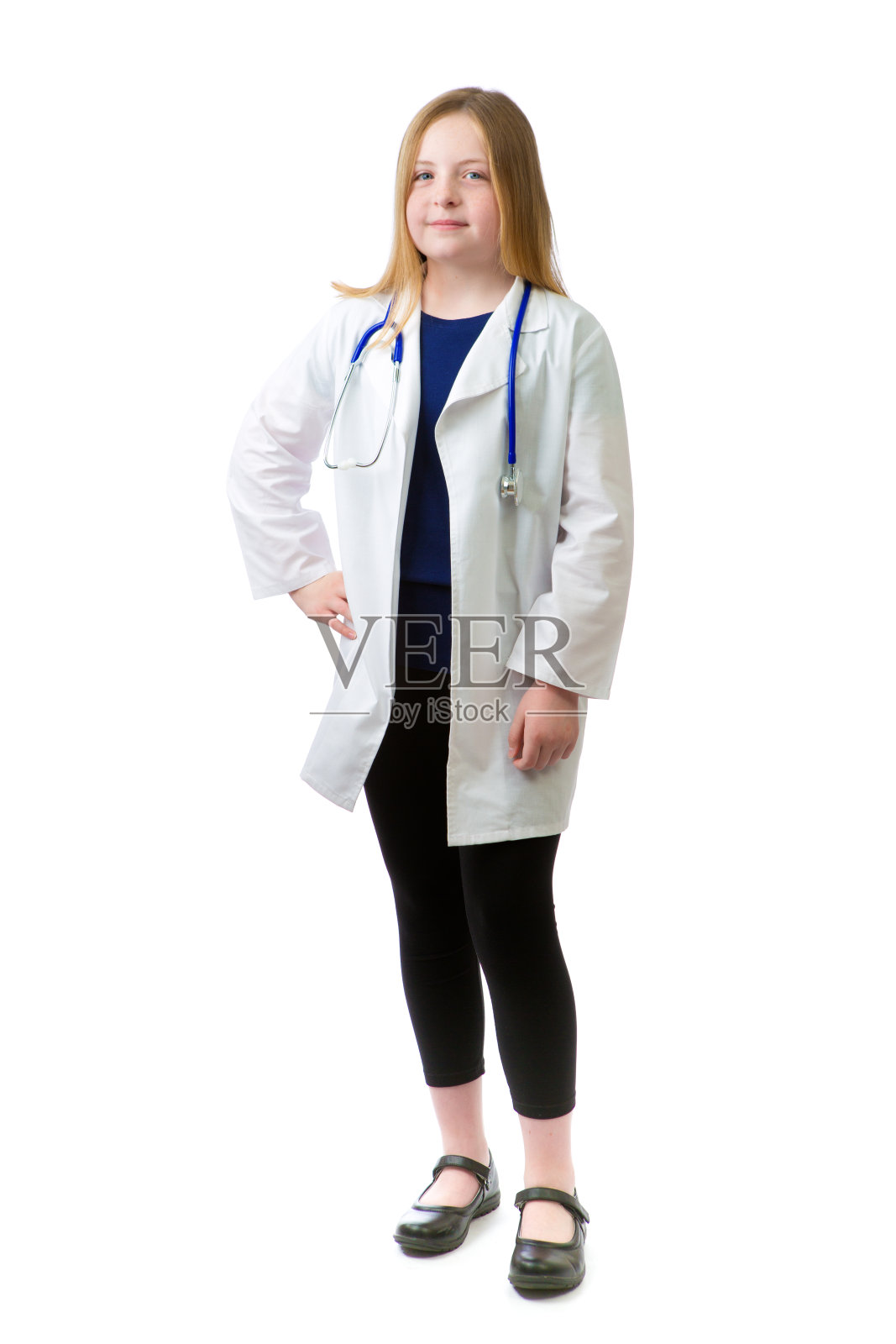 白人背景下的年轻白种女孩医生职业志向照片摄影图片