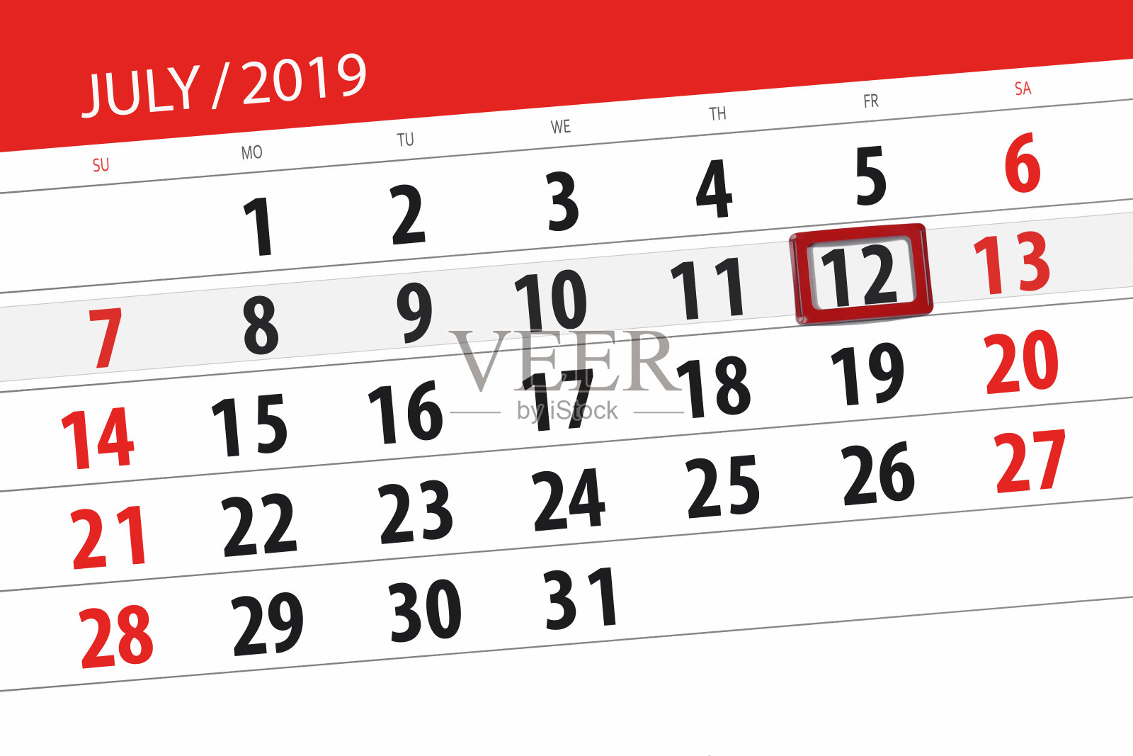 2019年7月的日历计划，截止日期，12日星期五插画图片素材
