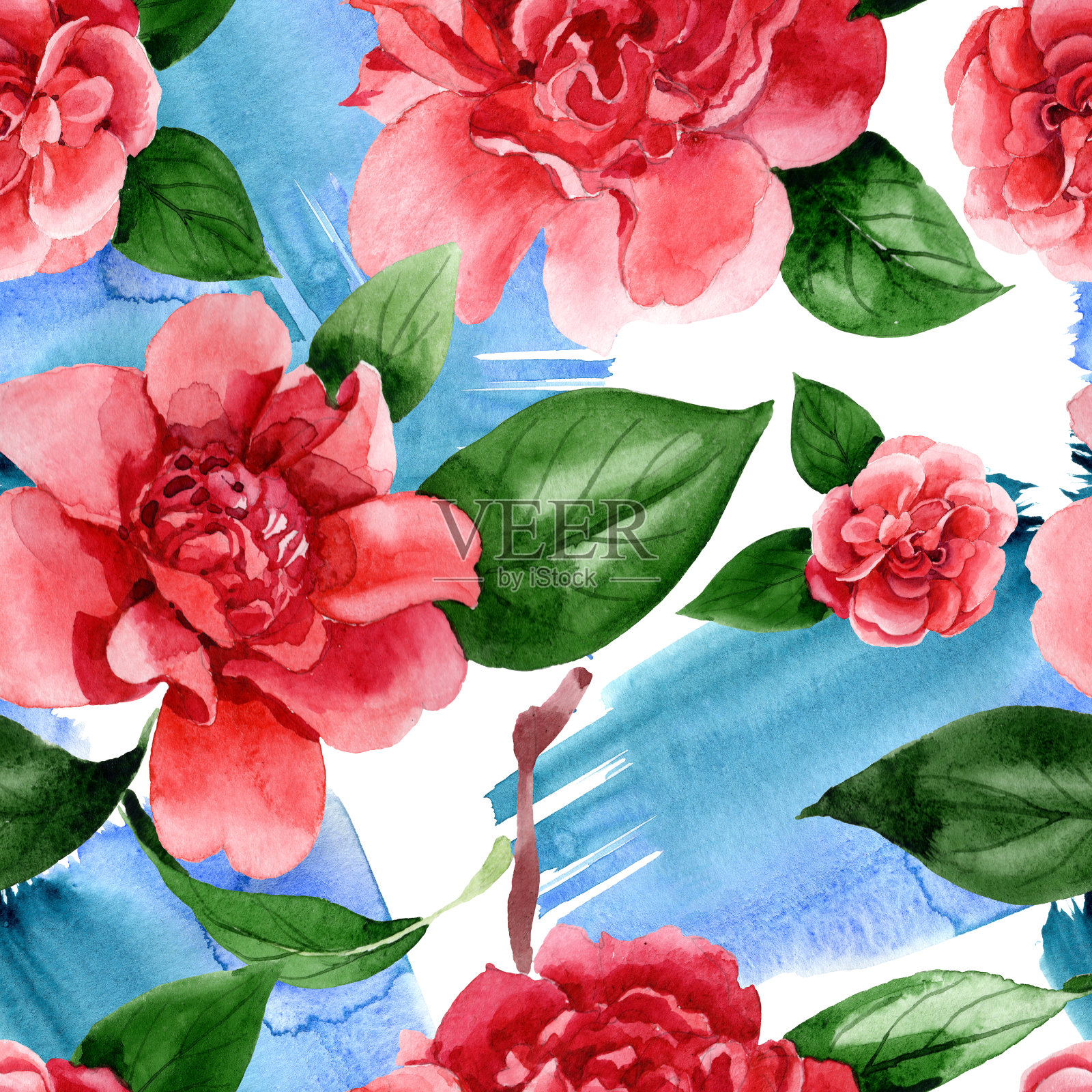 粉红色的山茶属植物花。水彩背景插图集。无缝的背景图案。插画图片素材