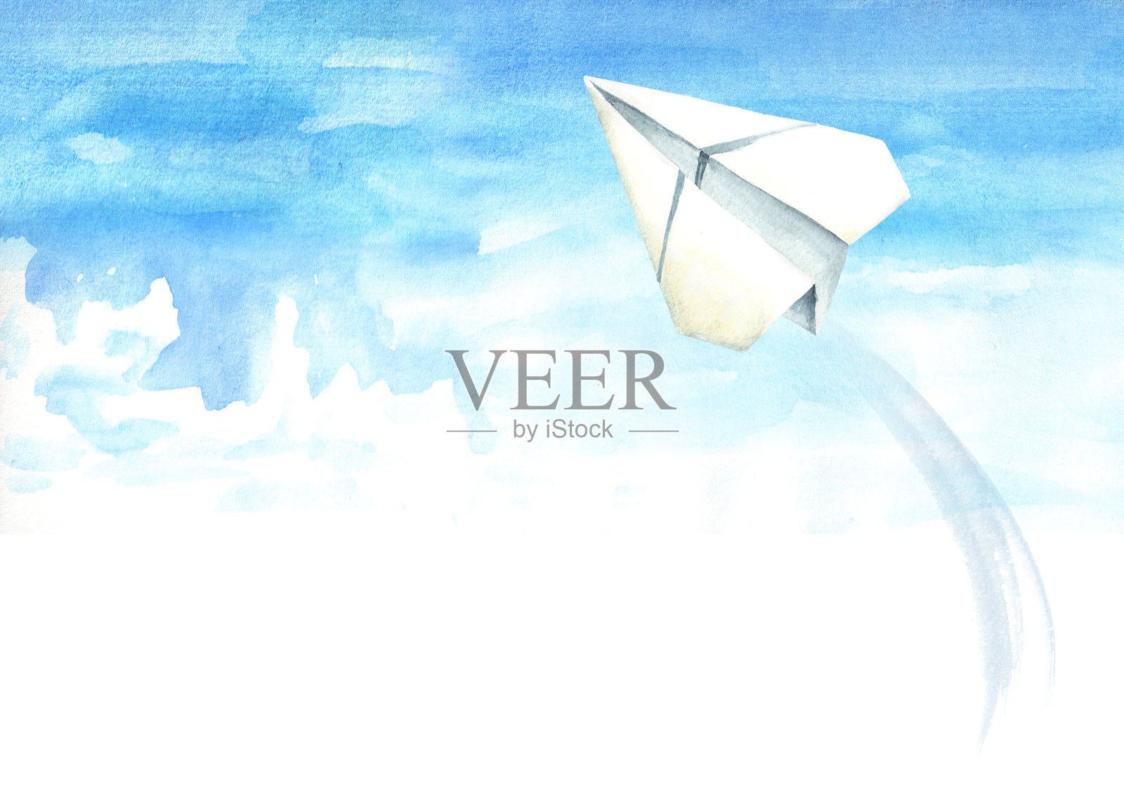 纸飞机在蓝天，旅行理念。水彩手绘插图孤立的白色背景插画图片素材