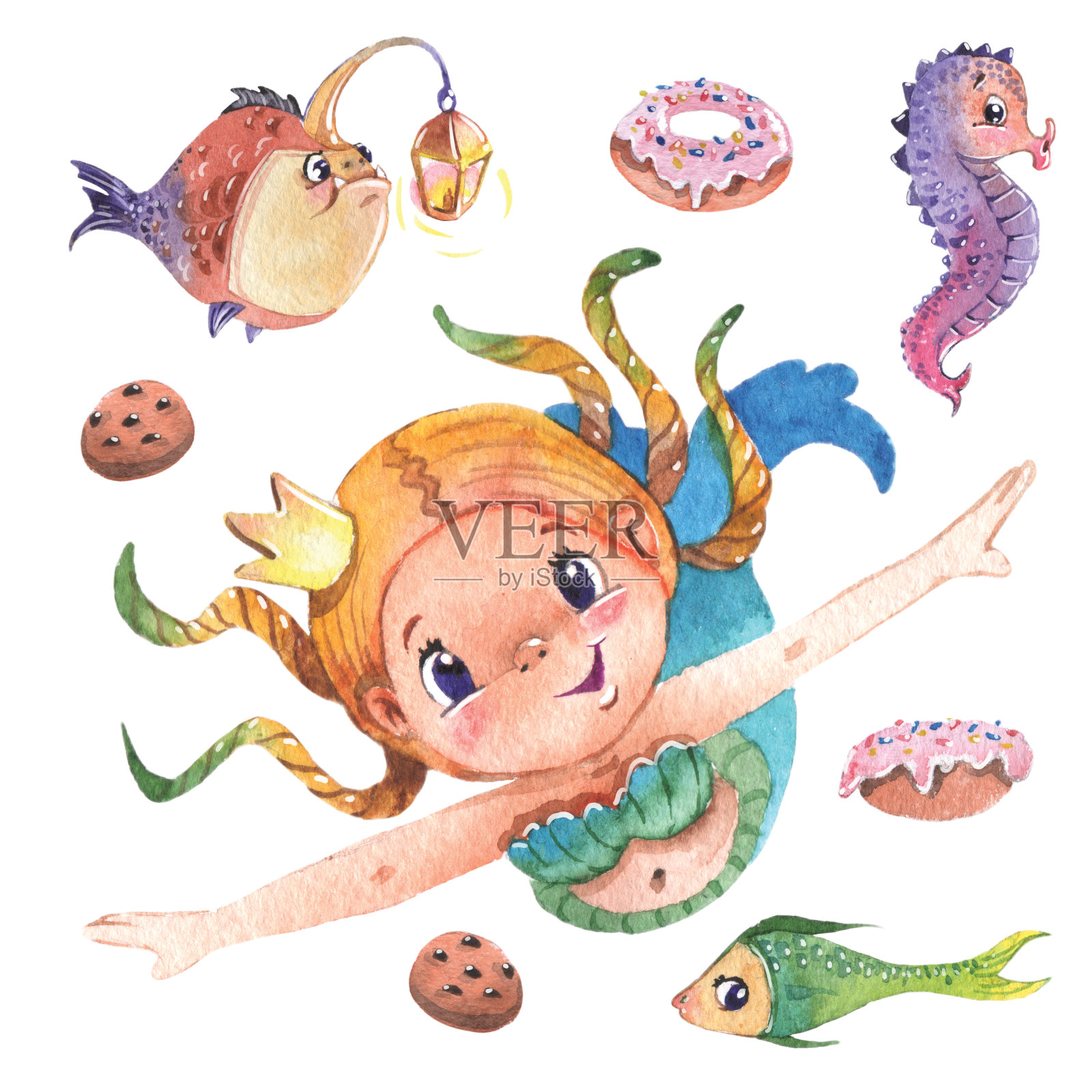 手画可爱的小美人鱼与鱼和糖果，水彩插图剪纸集。插画图片素材