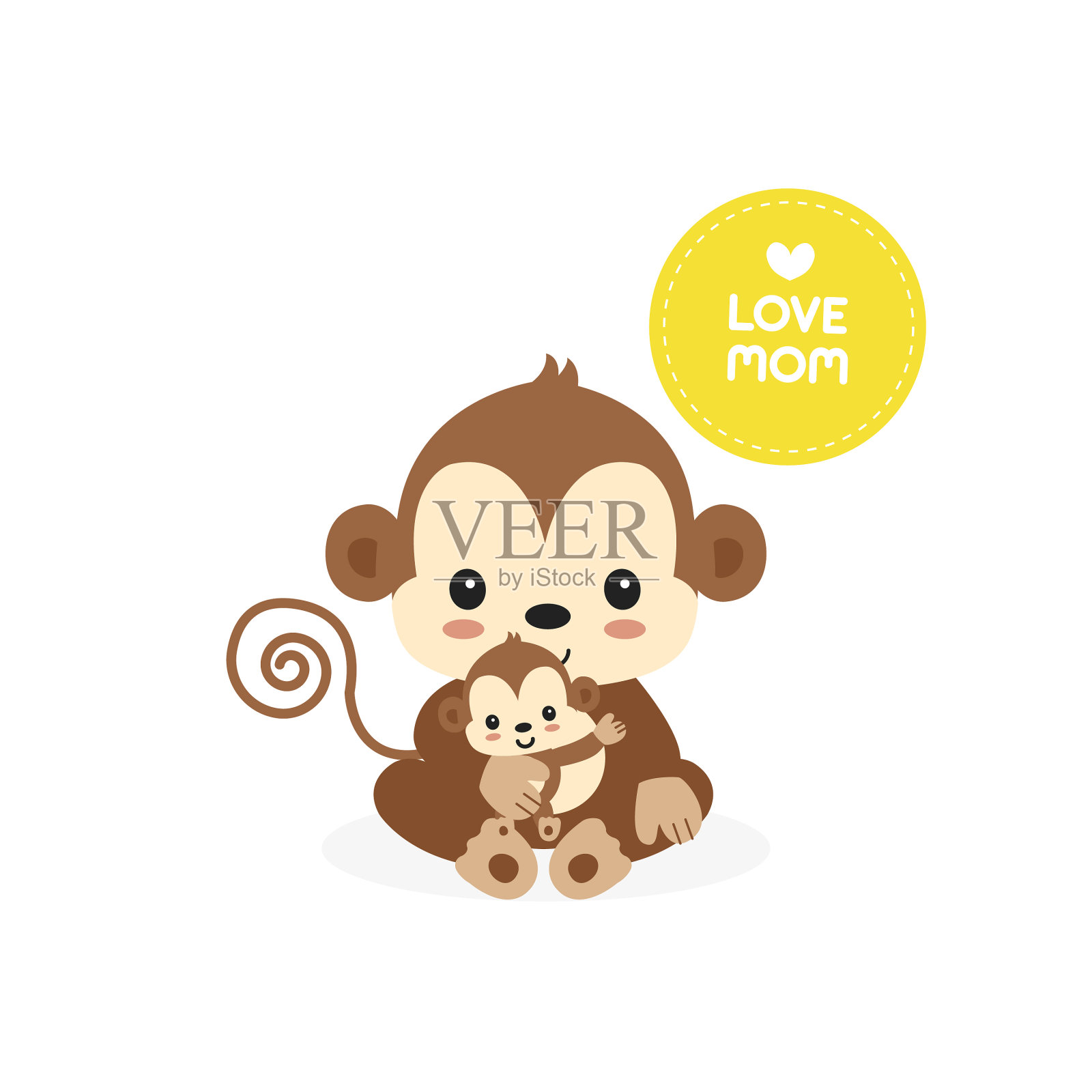 母亲和婴儿猴子卡通插画母亲节贺卡。插画图片素材