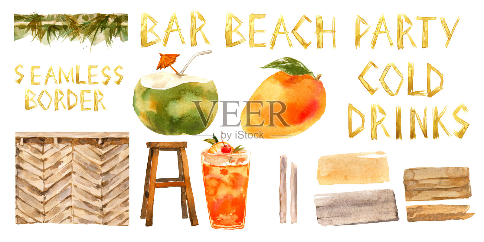 海滩假日酒吧水彩画集插画图片素材