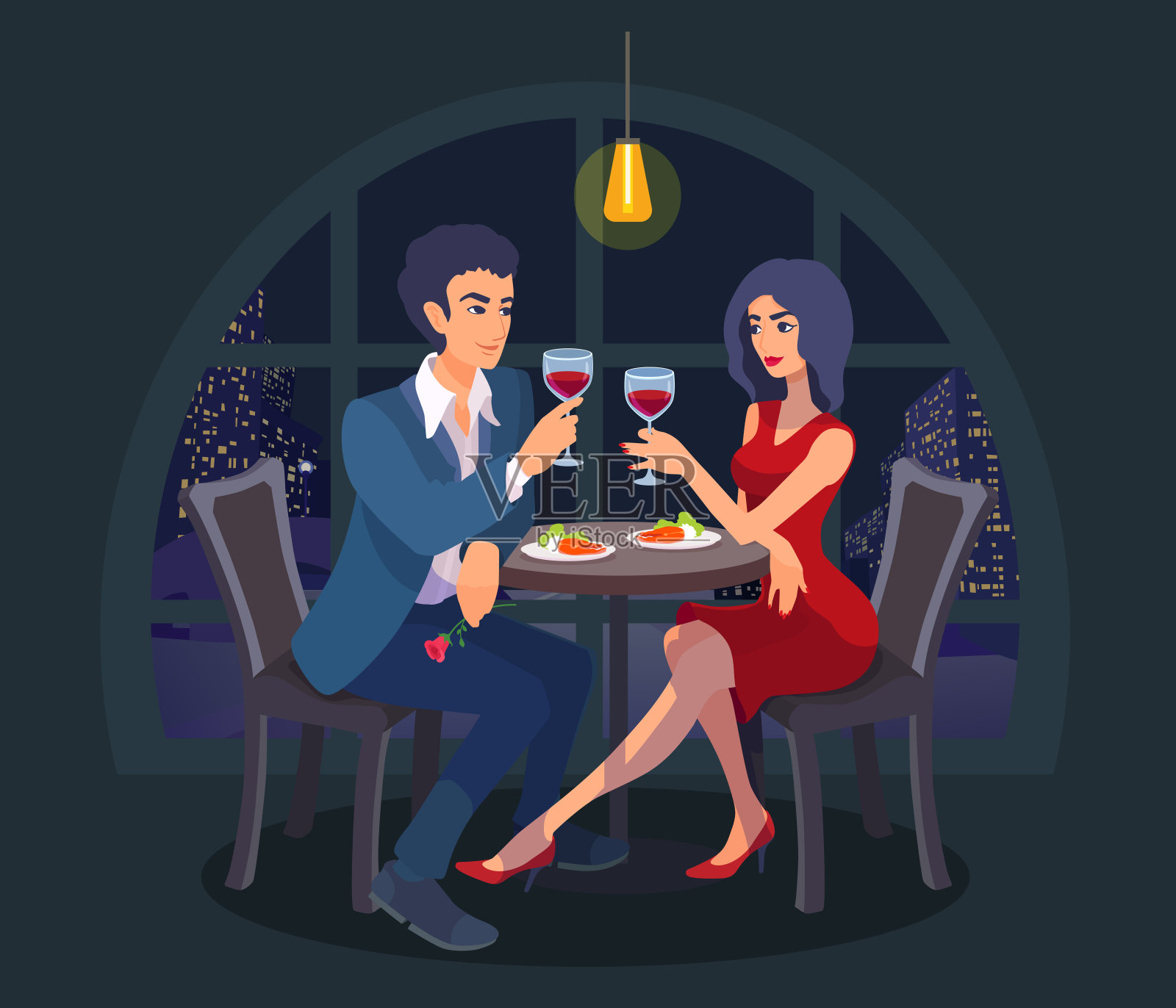约会的情侣坐在一起吃着食物，举起酒杯，看着对方。插画图片素材
