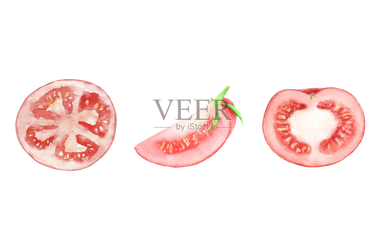 水彩红番茄片蔬菜孤立在白色的背景插画图片素材