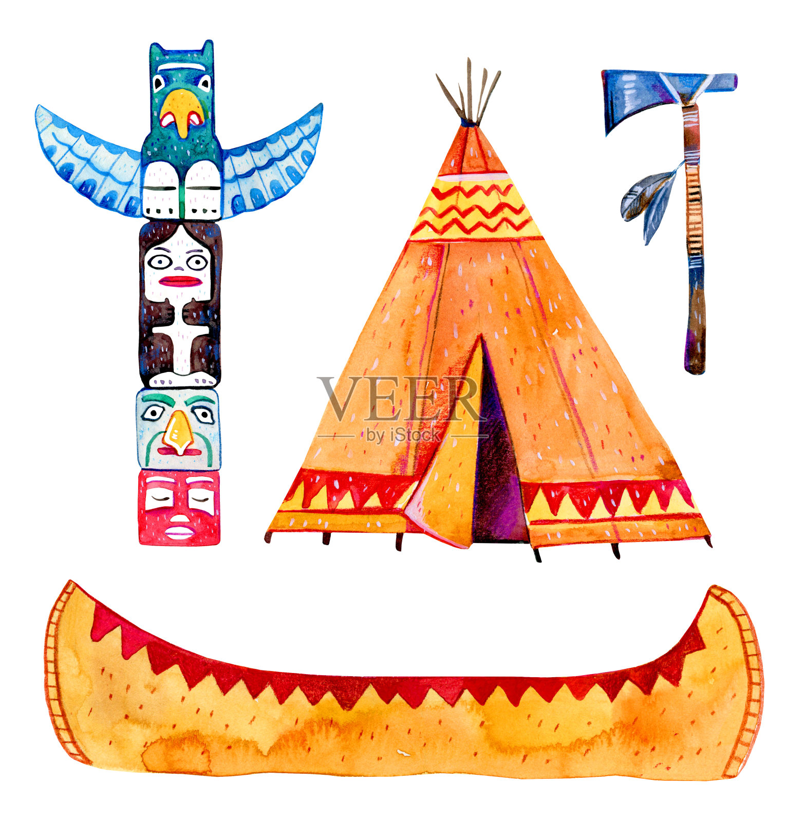 美国土著印第安人的传统物品。棚屋，图腾柱，独木舟，战斧。手绘水彩插图集插画图片素材