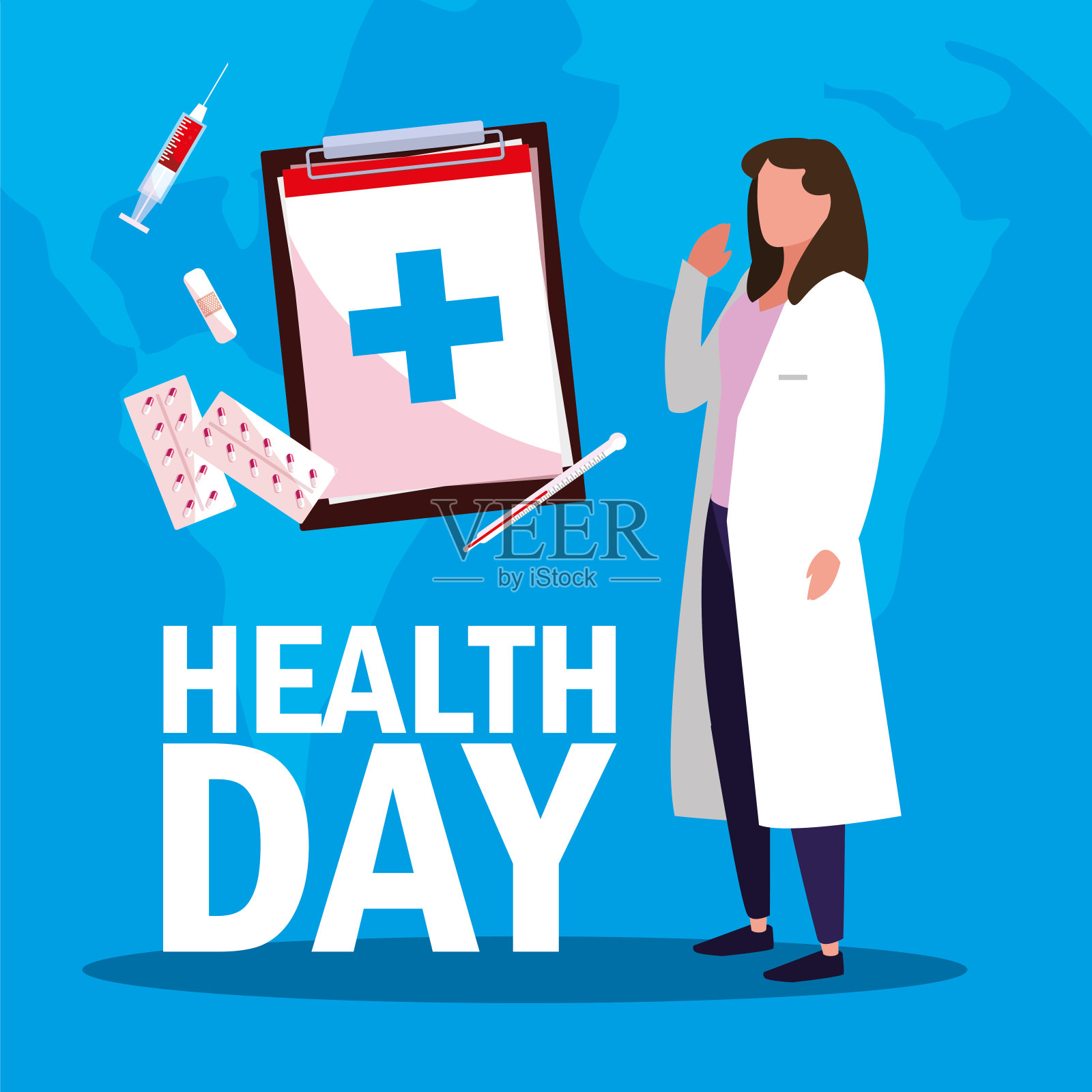 世界卫生日卡，女医生和图标插画图片素材