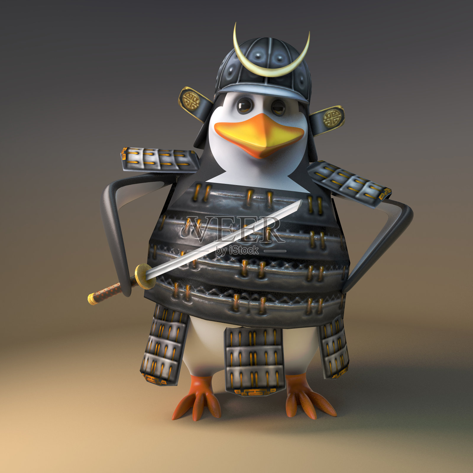 高贵的日本武士企鹅挥舞着他强大的武士刀，3d插图插画图片素材