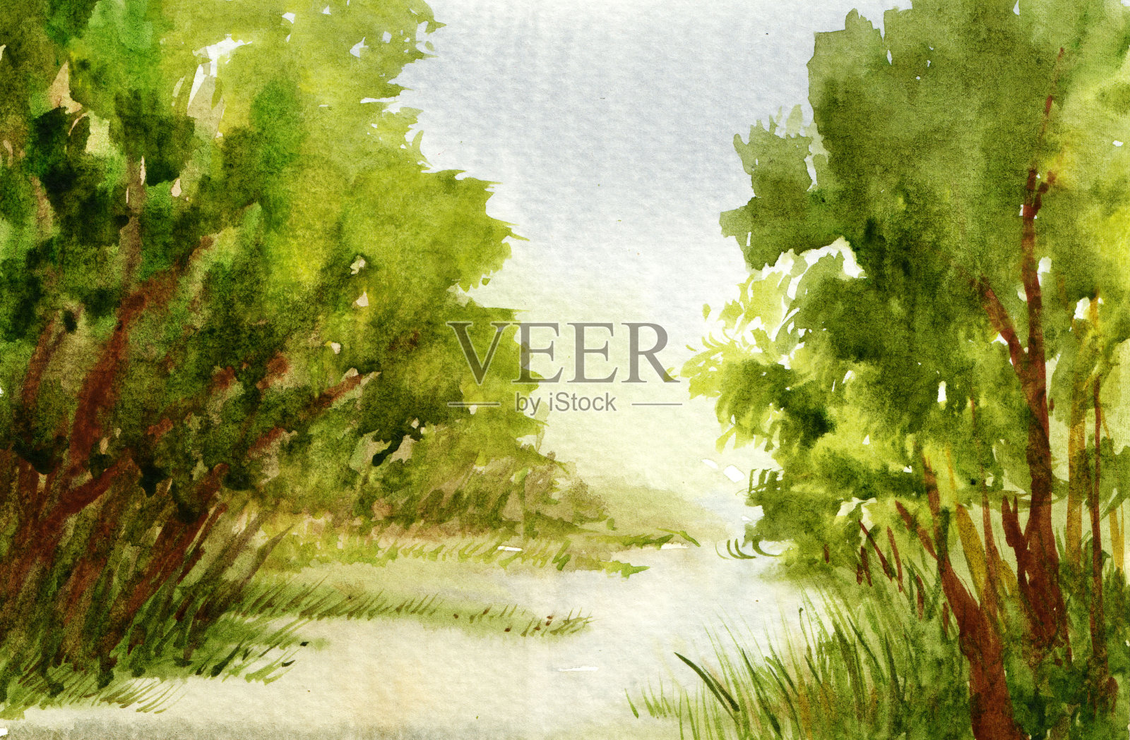 树木和河流在森林深处的水彩画插画图片素材