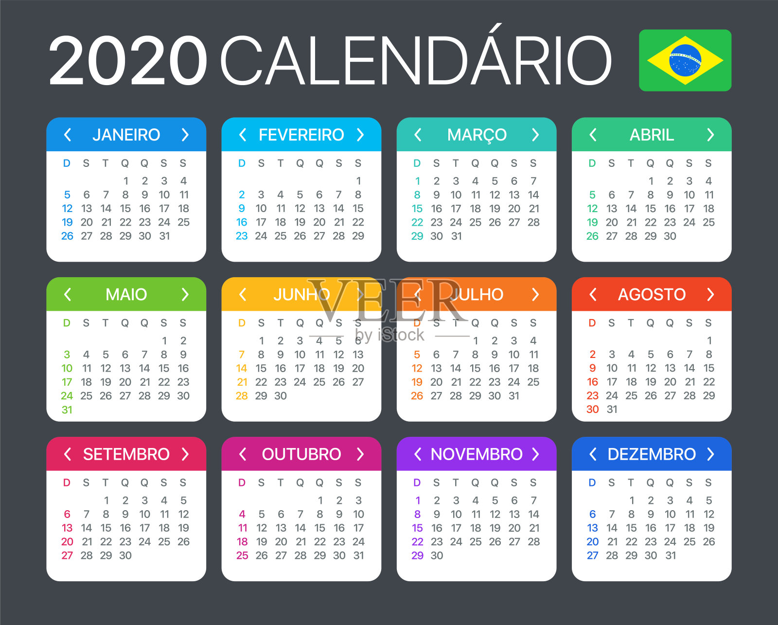 2020年日历-矢量模板图形插图-巴西版设计模板素材