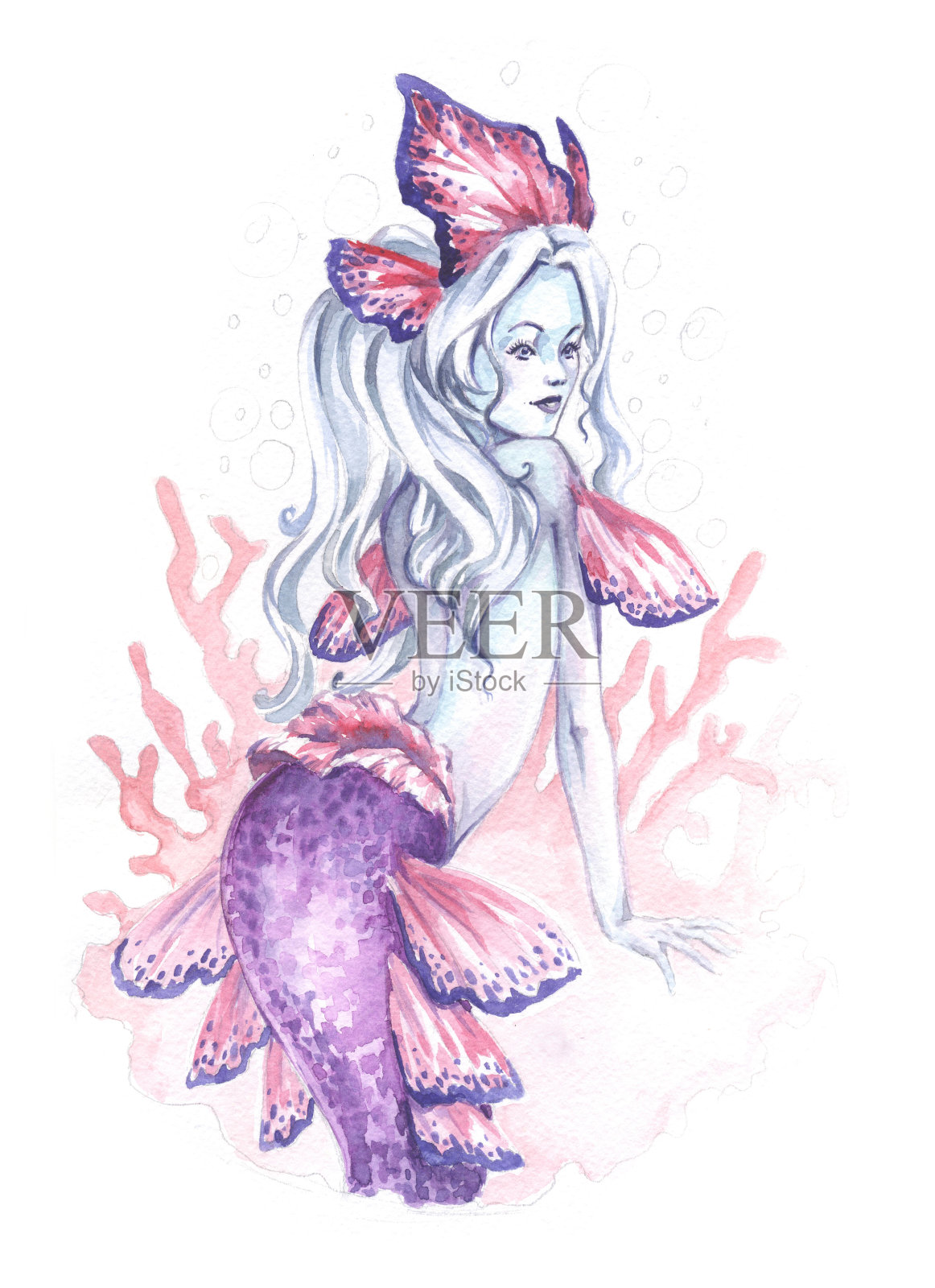 水彩画美人鱼颜色鲜艳的插图标记插画图片素材