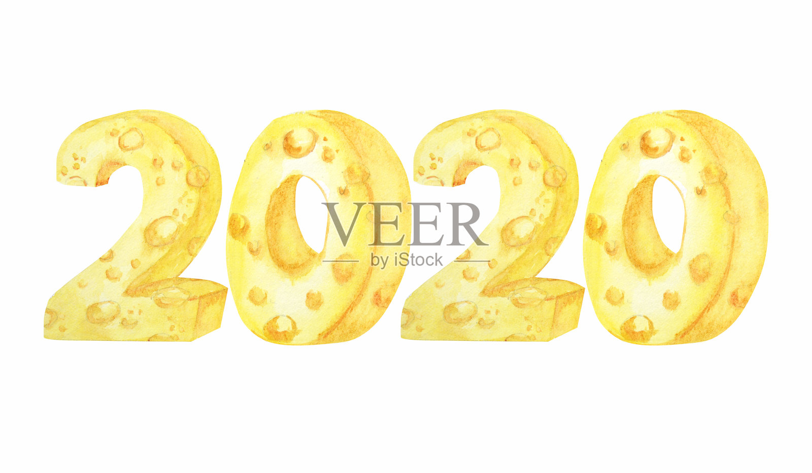 2020年奶酪字体。手绘水彩插图。祝中国鼠年快乐插画图片素材