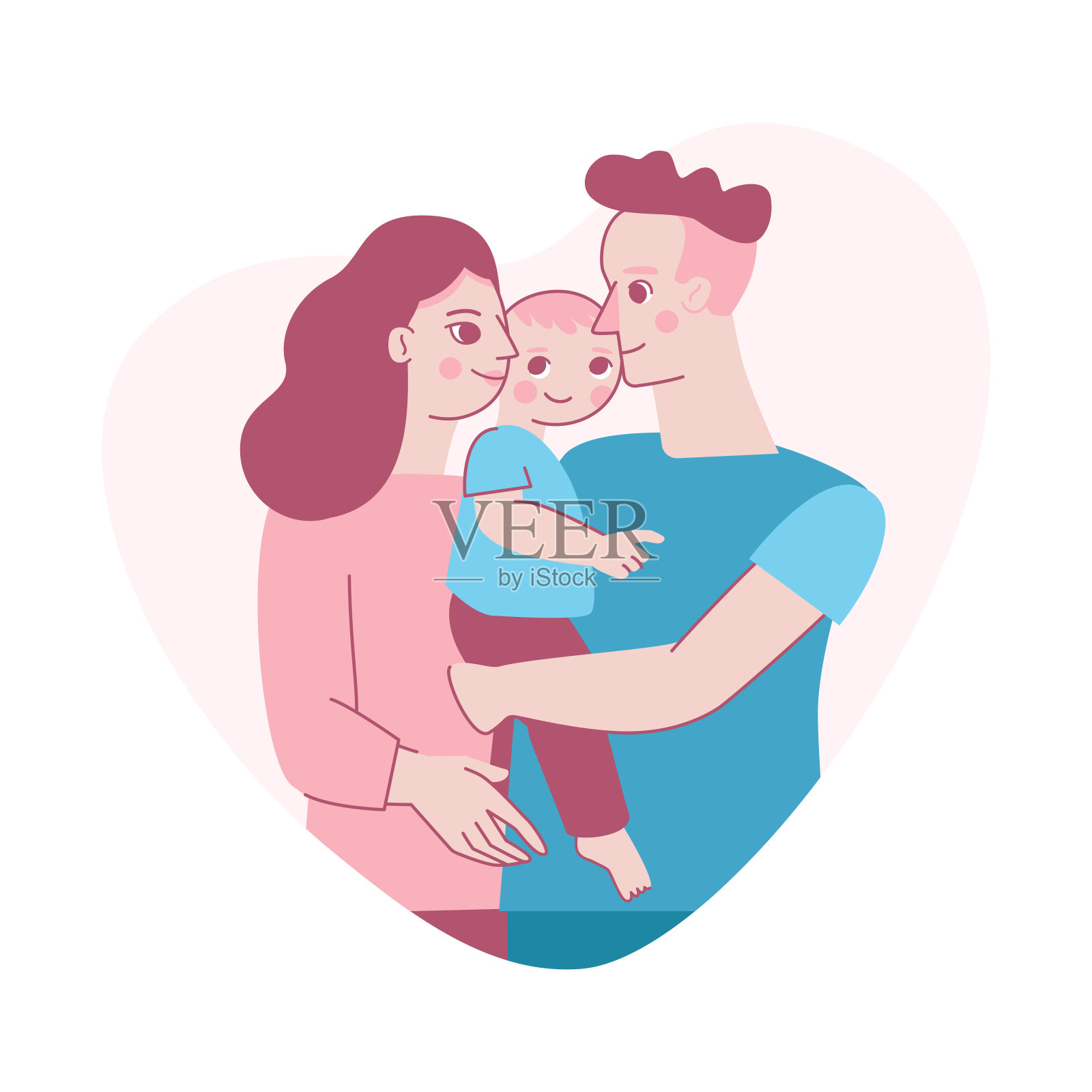 矢量插图在时尚的平面线性风格-幸福的家庭和父母的概念-幸福的母亲和父亲与一个婴儿插画图片素材