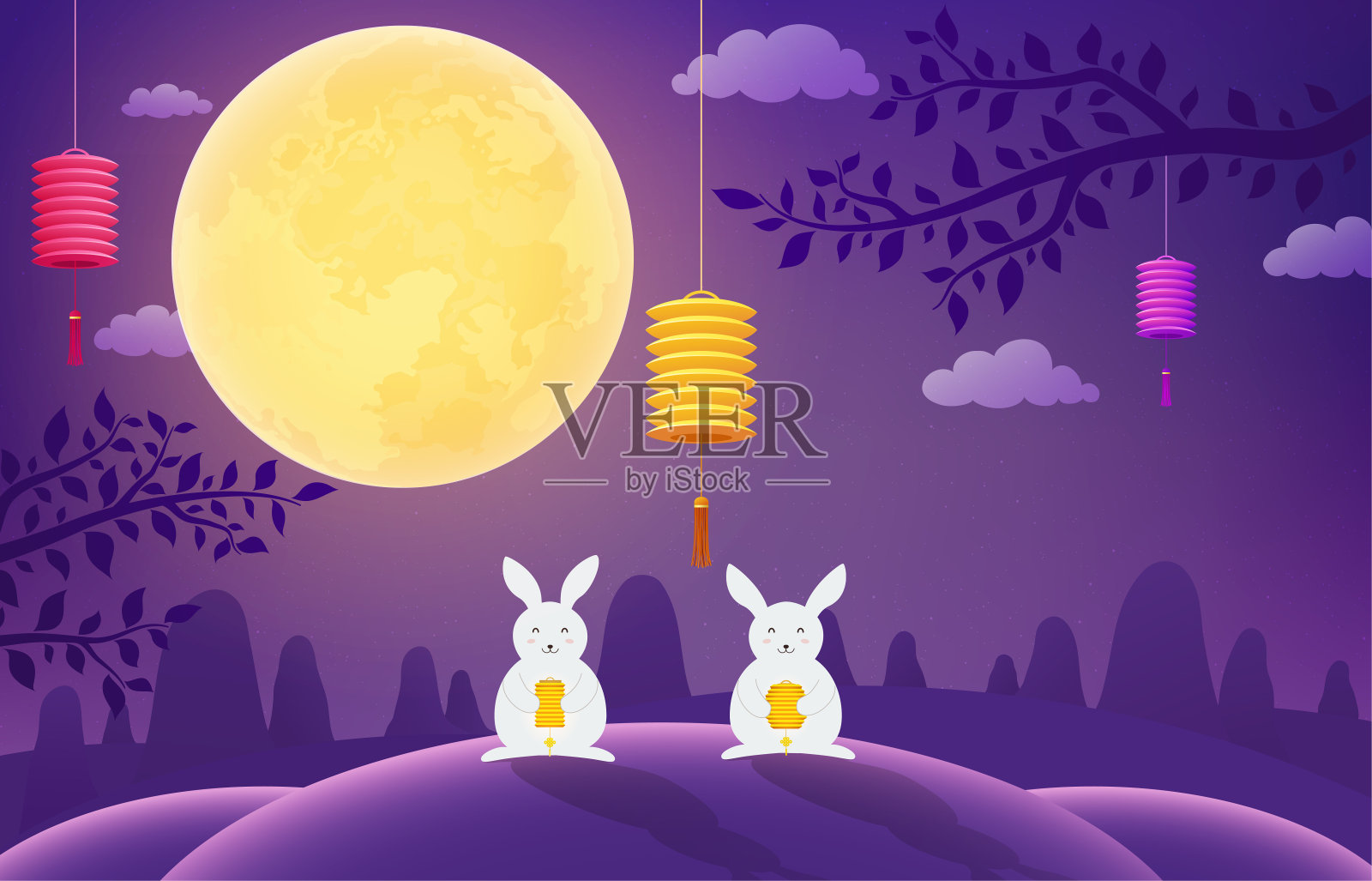 中秋节。满月之夜，蓝色背景上的兔子。插画图片素材