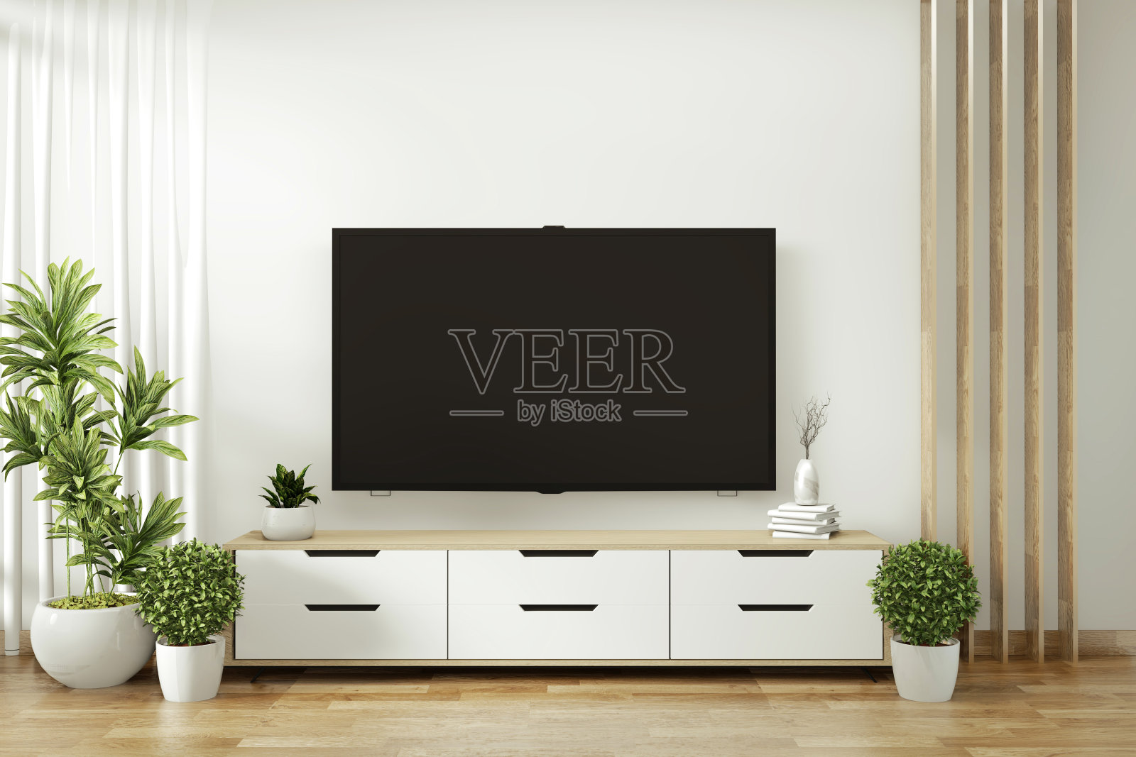 电视架在现代空旷的房间里，白色的墙壁上装饰着植物木地板。三维渲染照片摄影图片