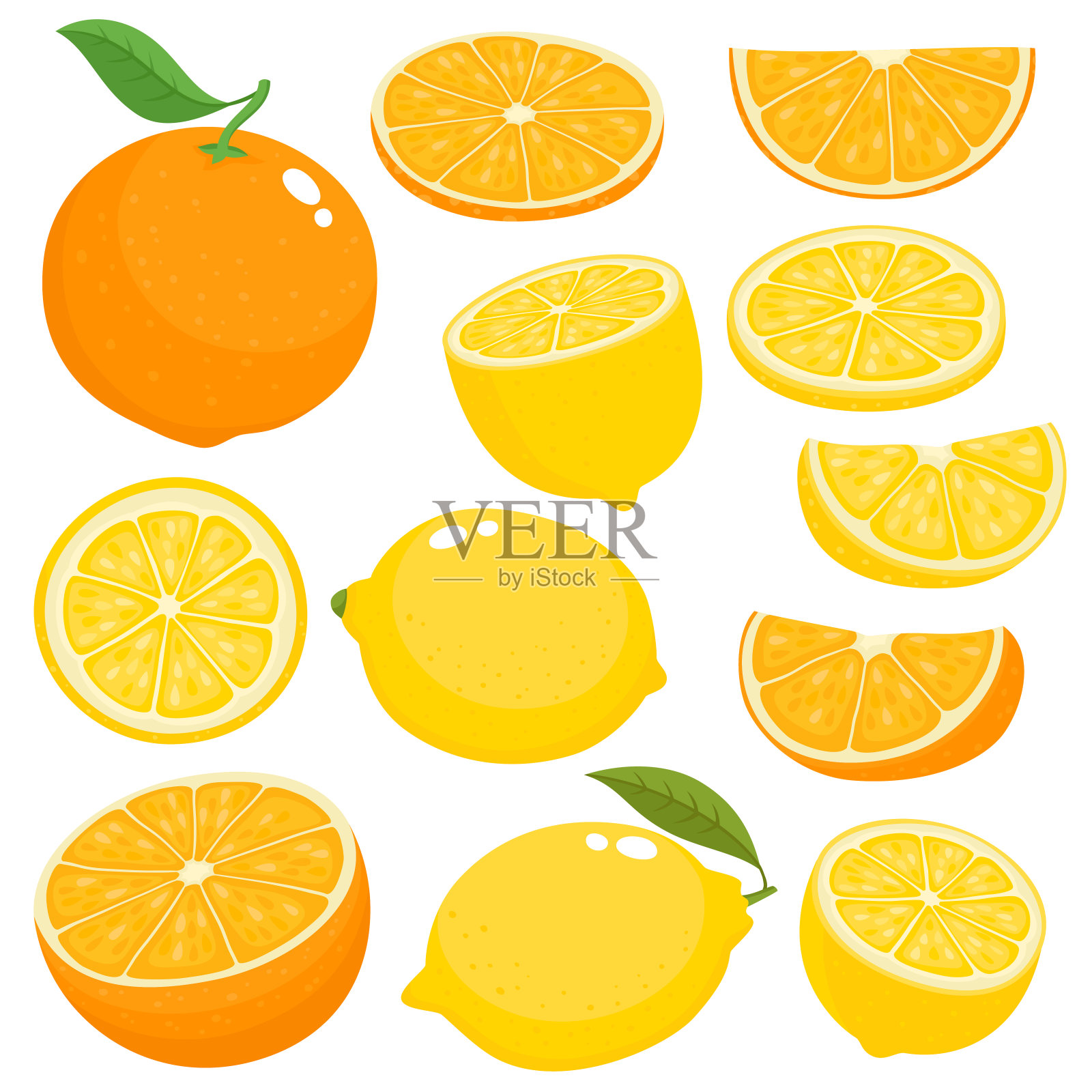 明亮的向量设置多汁的橙和柠檬在白色。设计元素图片
