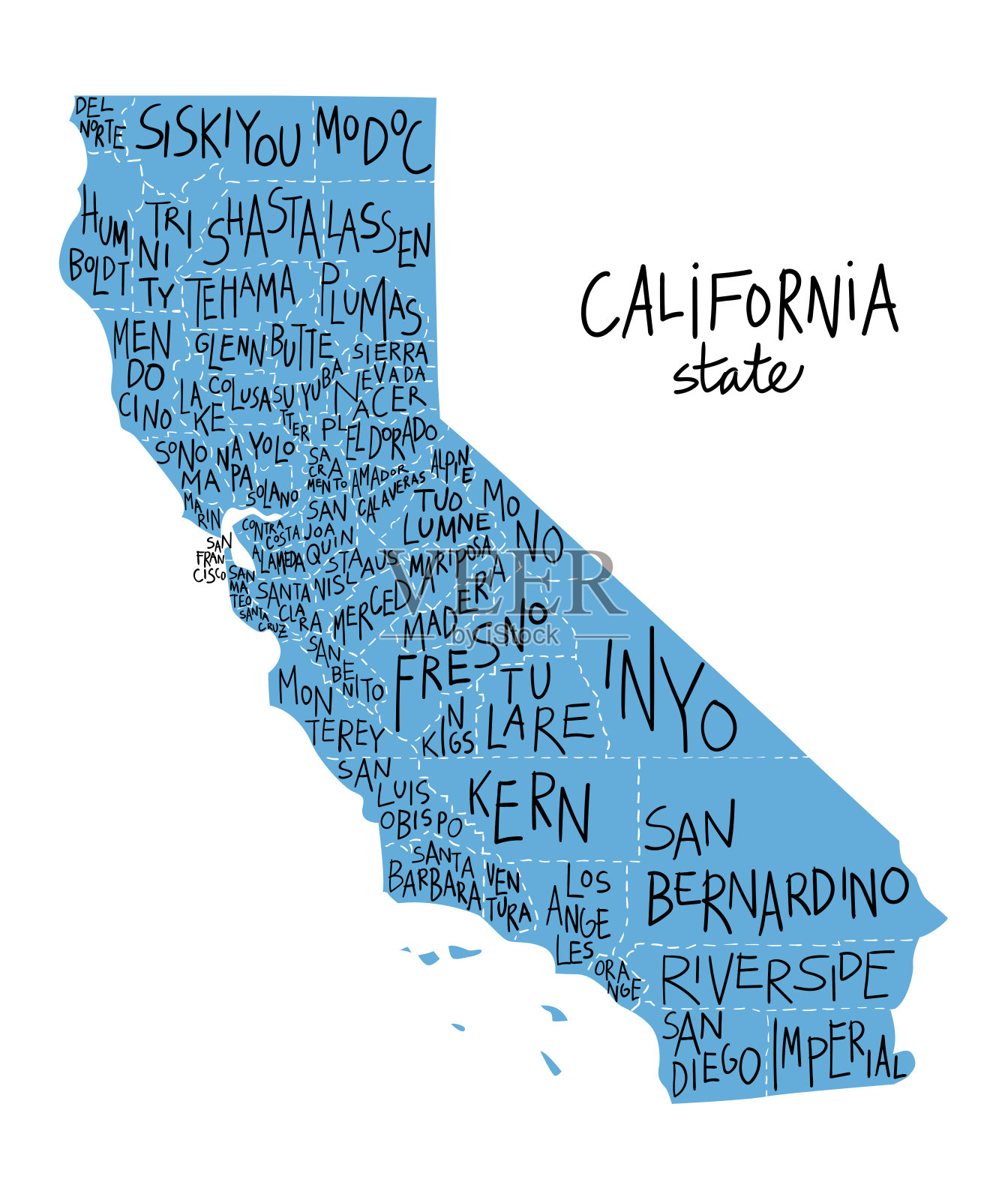美国加利福尼亚州地图，有县。插画图片素材