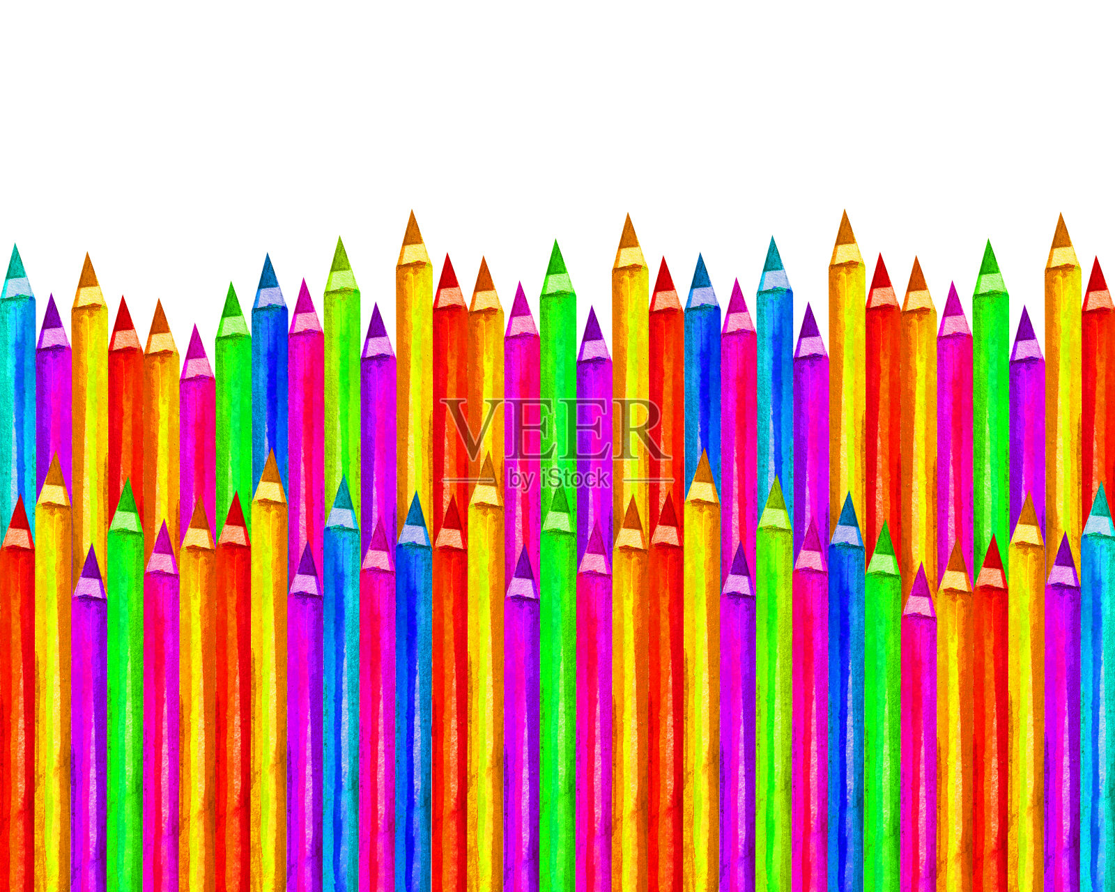横幅彩色木铅笔在水彩上孤立在白色的背景上，空白的画框回学校，艺术和创意的概念。准备用逼真的彩色铅笔剪纸写作风格。绿、蓝、粉、橙、紫、黄颜色的卡片插画图片素材