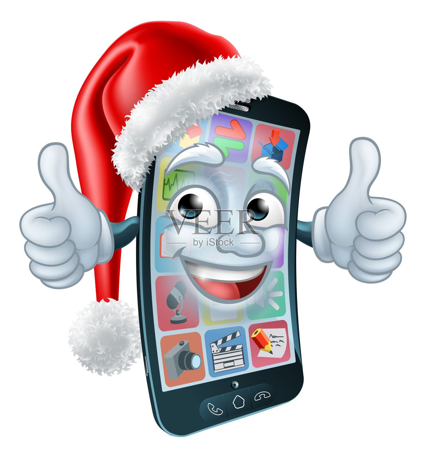 手机圣诞吉祥物在圣诞老人的帽子插画图片素材