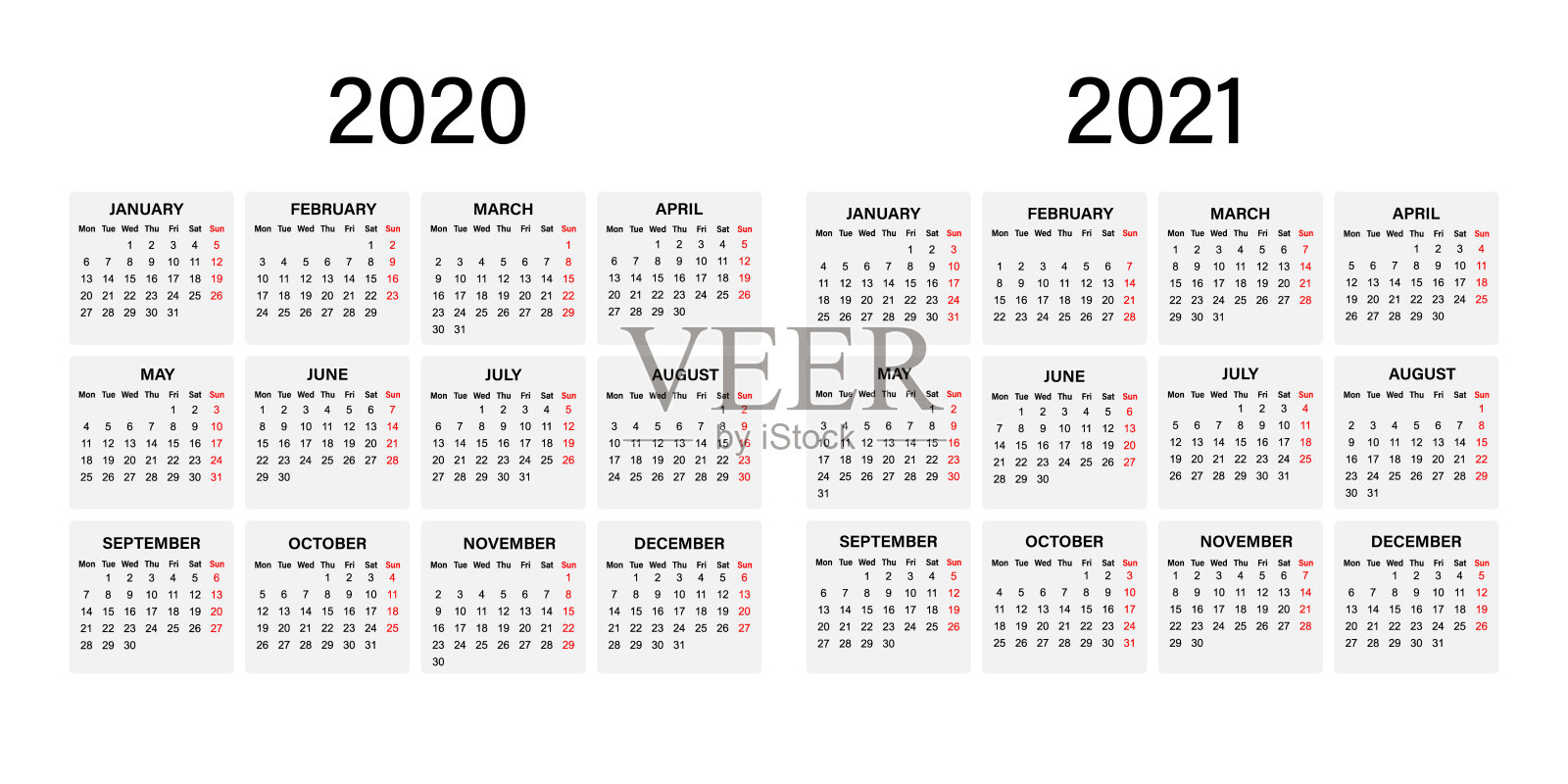 2020年和2021年的日历。一周从周一开始设计模板素材