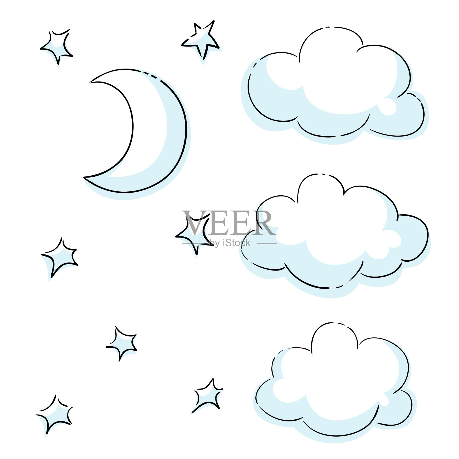 星星，月亮，云宝宝可爱的集合。甜美的小景观元素。天气小插图插画图片素材