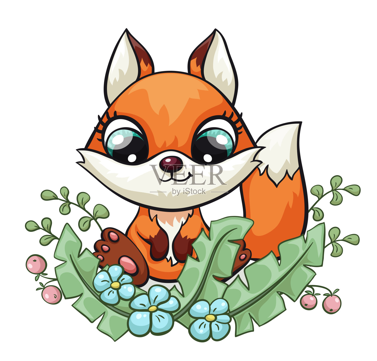 狐狸宝宝可爱的印花。可爱的小酷动物与森林花卉插图设计元素图片