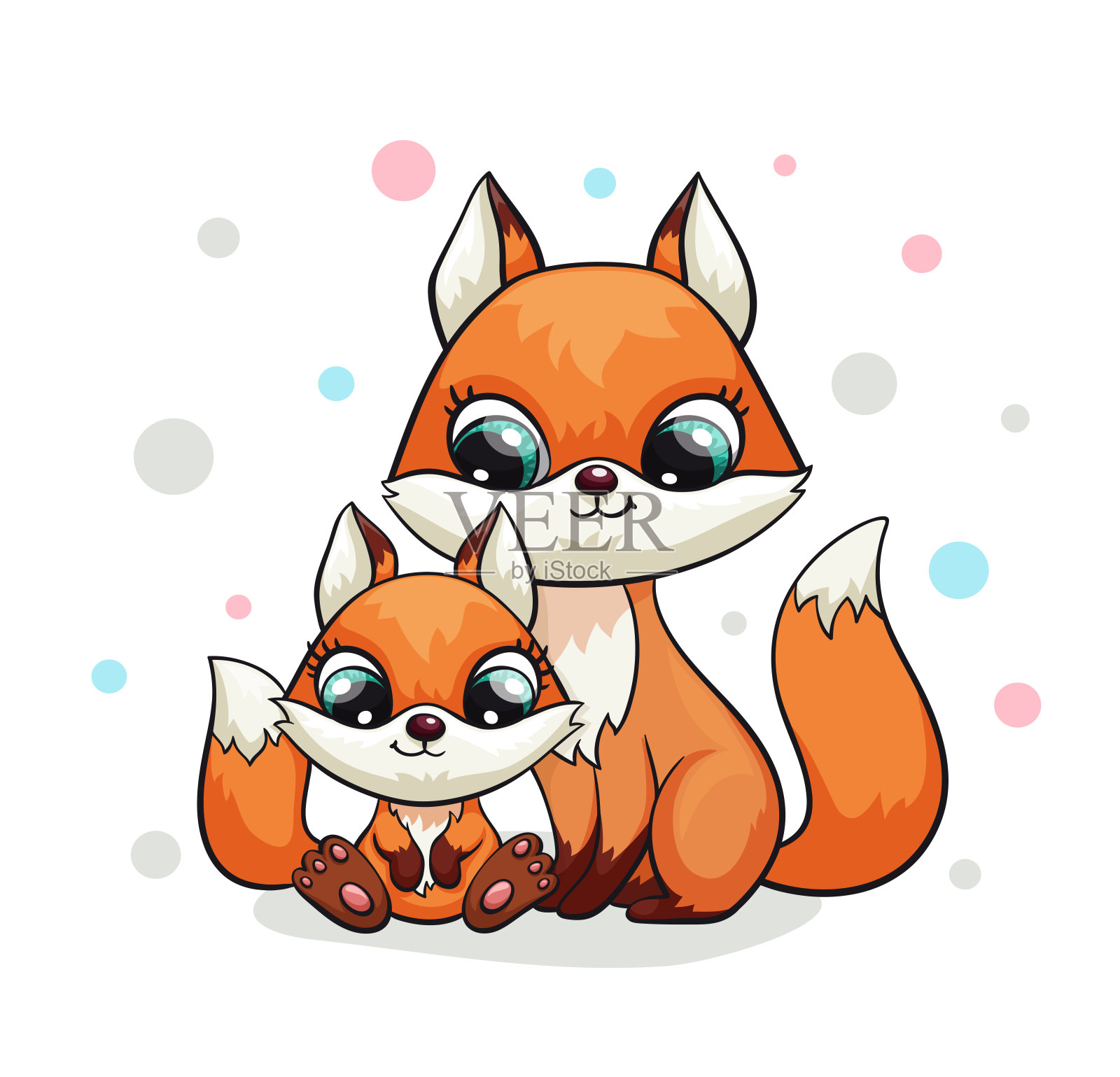 狐狸宝宝和妈妈或爸爸可爱的印花。甜蜜的小的家庭。很酷的朋友动物与圆点设计元素图片