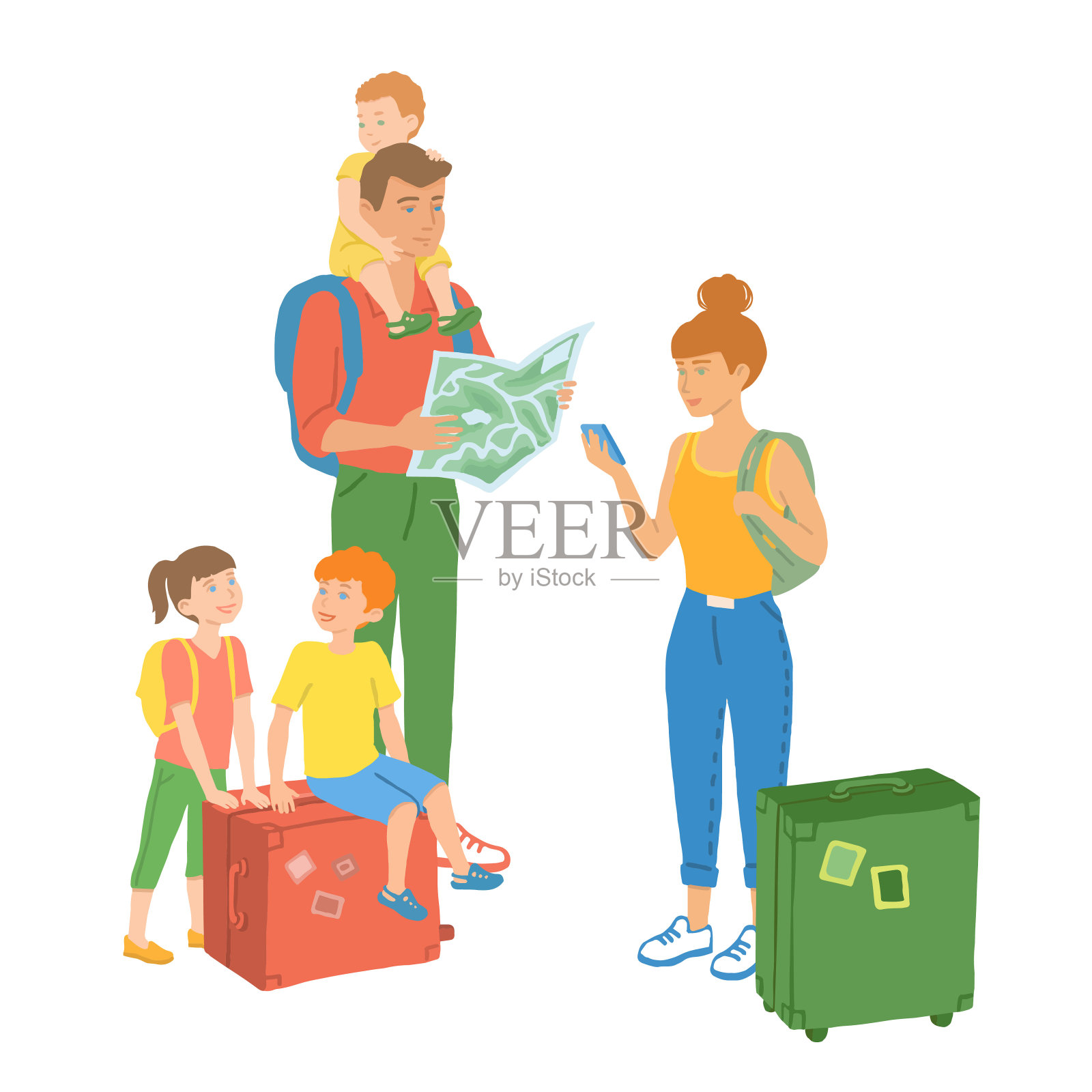 一个带着行李箱旅行的游客家庭。父母和孩子在度假。矢量手绘孤立的插图。插画图片素材