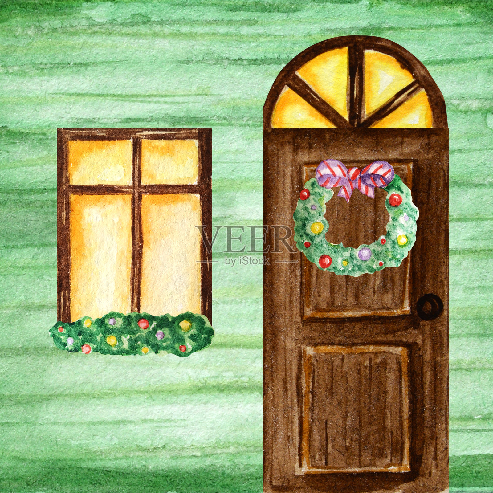 水彩深色木门和窗户在复古风格的绿色背景墙与圣诞花环装饰。手绘贺年卡、海报插画图片素材