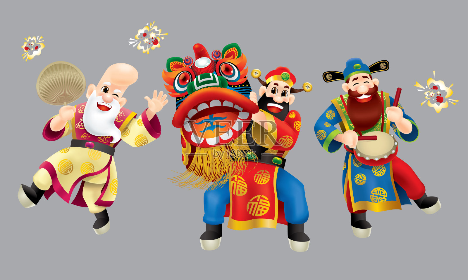 三位可爱的中国神(代表长寿、富有和事业)表演传统的中国舞狮。插画图片素材
