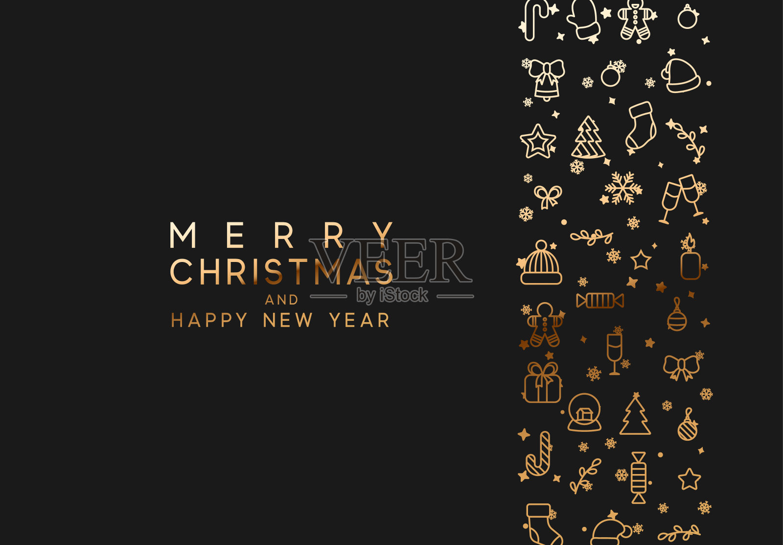 圣诞快乐，恭贺新禧。黑色背景与节日金色线性风格插画图片素材
