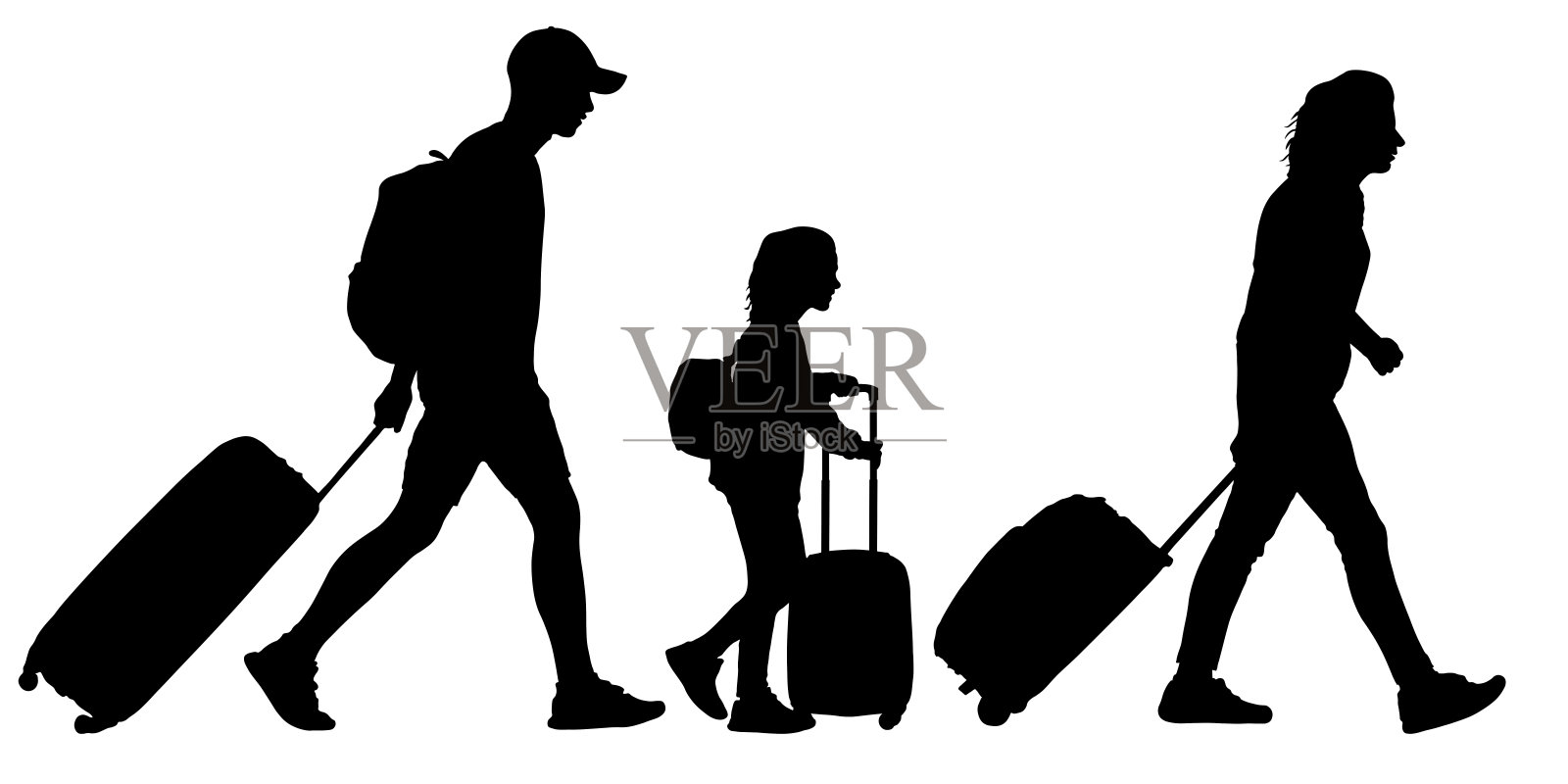 人们带着箱子去旅行。一家人带着孩子去度假。矢量剪影设计元素图片