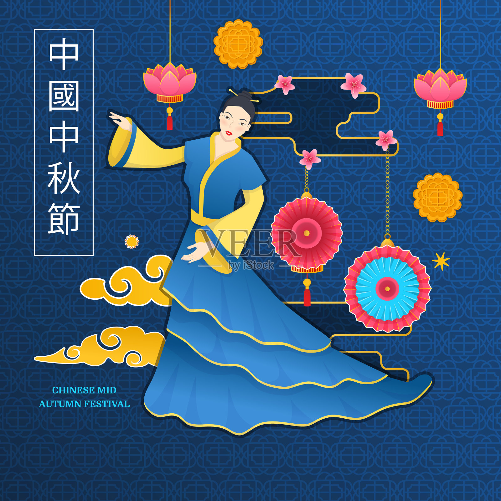 秋天的象征，身着传统服饰的中国女孩。插画图片素材
