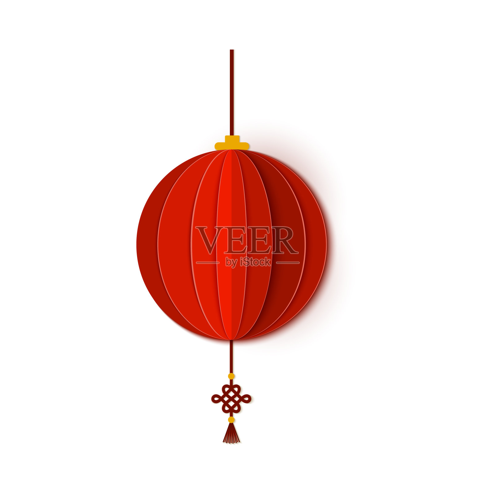 红色的中国传统圆纸灯笼。农历新年的灯笼是圆形的。纸张艺术风格的亚洲装饰。孤立在白色背景上。向量卡说明设计元素图片