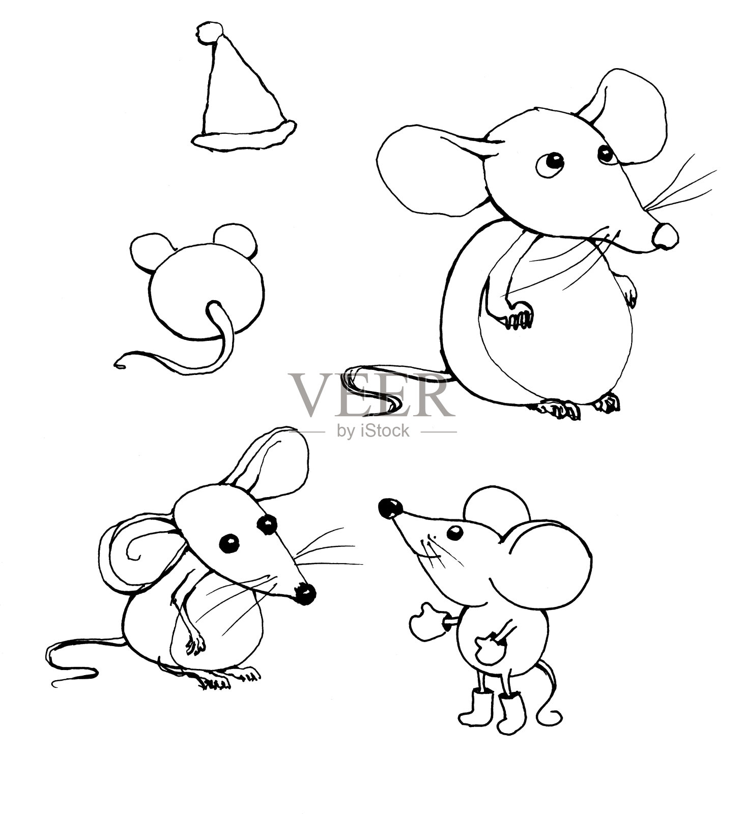 一个草图三个鼠标侧视图，一个鼠标后视图和一顶帽子。图形艺术。插画图片素材