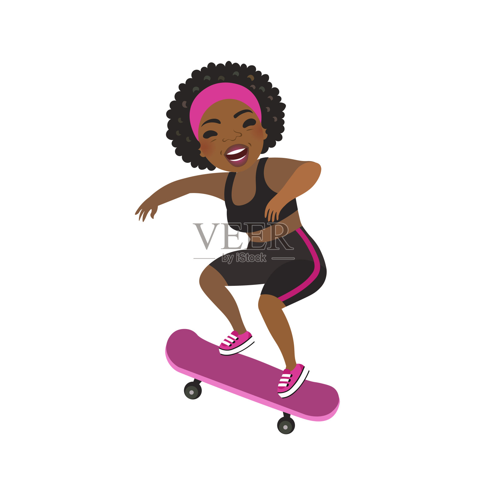 快乐的美国黑人女孩骑滑板。运动的非洲滑板年轻女子。插画图片素材