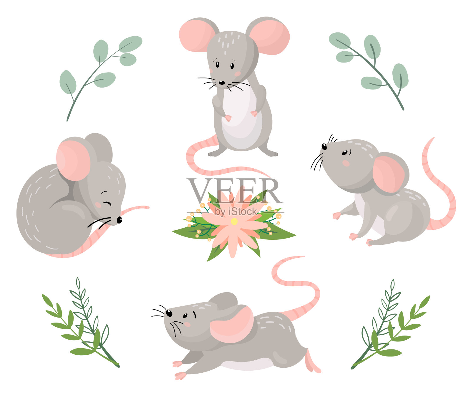 可爱的卡通鼠标在不同的姿势与花卉元素。矢量插图。设计元素图片