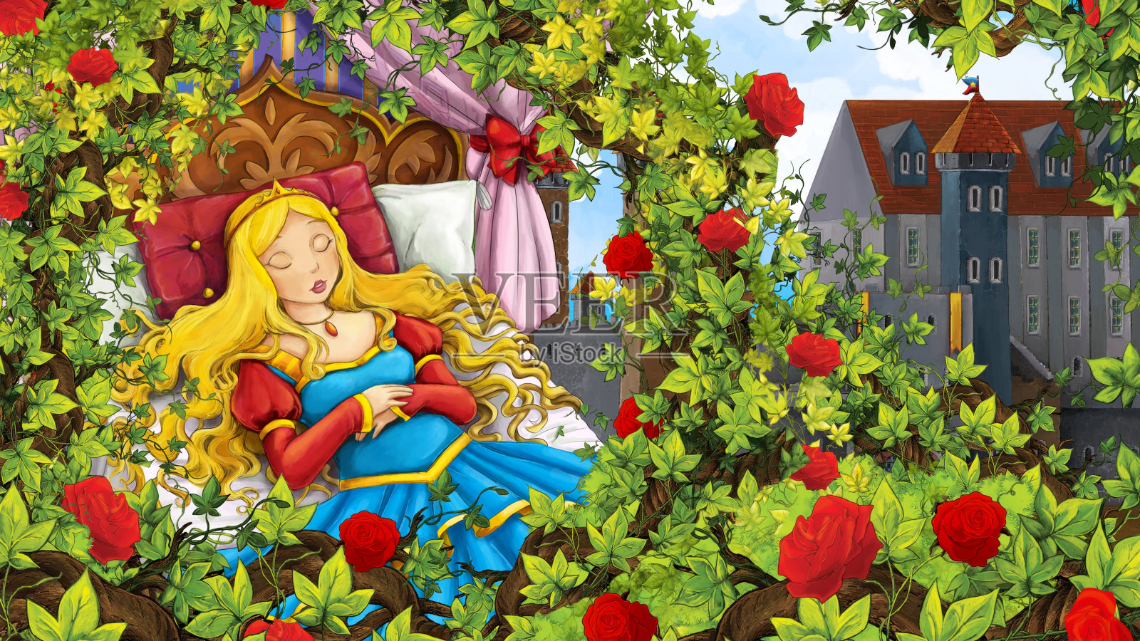 卡通场景中的玫瑰花园，背景是城堡附近熟睡的公主插画图片素材