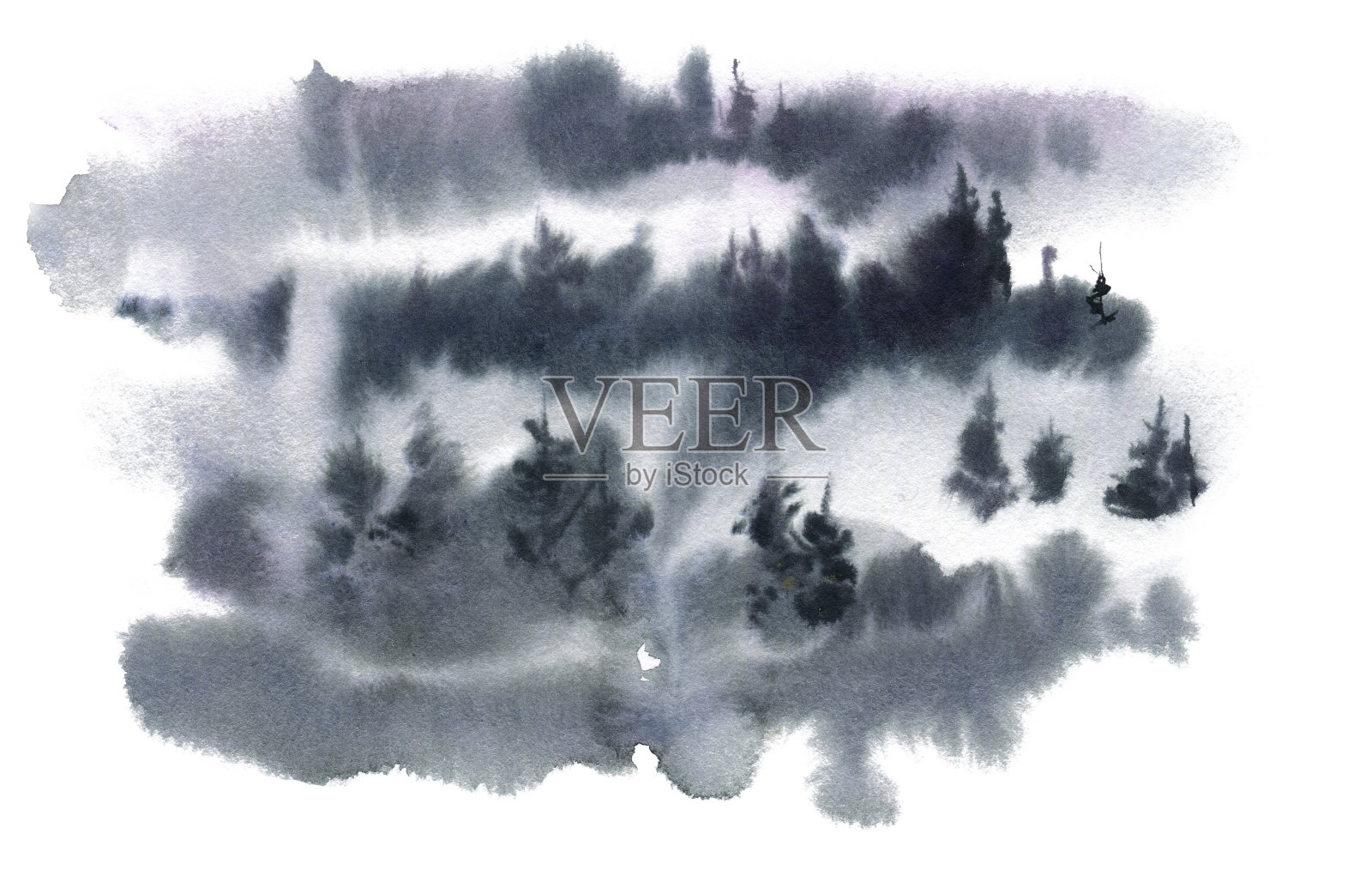水彩背景以杉木、松树、抽象自然为背景。灰色水彩染色，手绘。带有水彩污点的卡片。森林模板插画图片素材