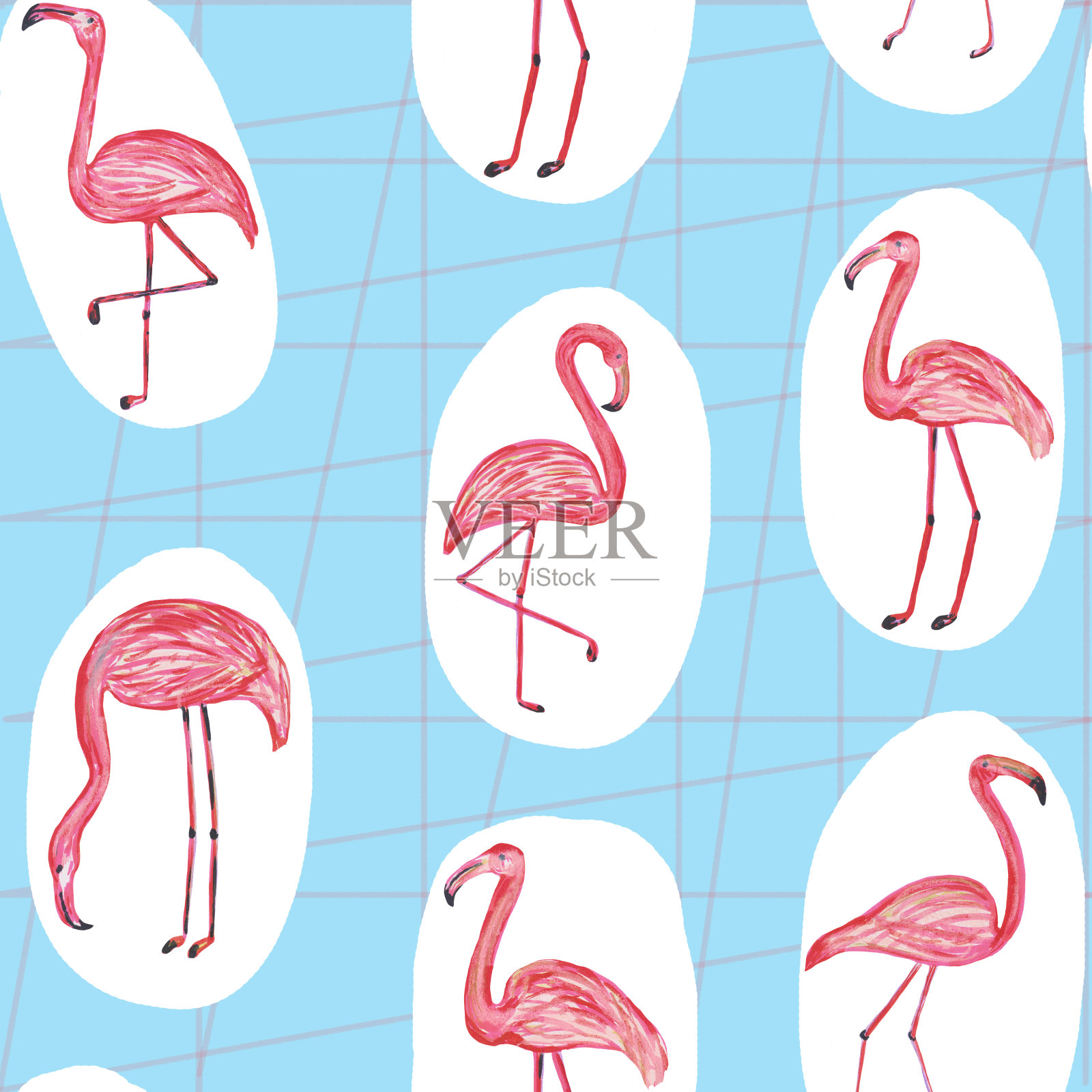 无缝模式与粉红色火烈鸟在蓝色背景与不同的线和白点。栅格手绘插图版画，明信片，海报，设计和模板。插画图片素材