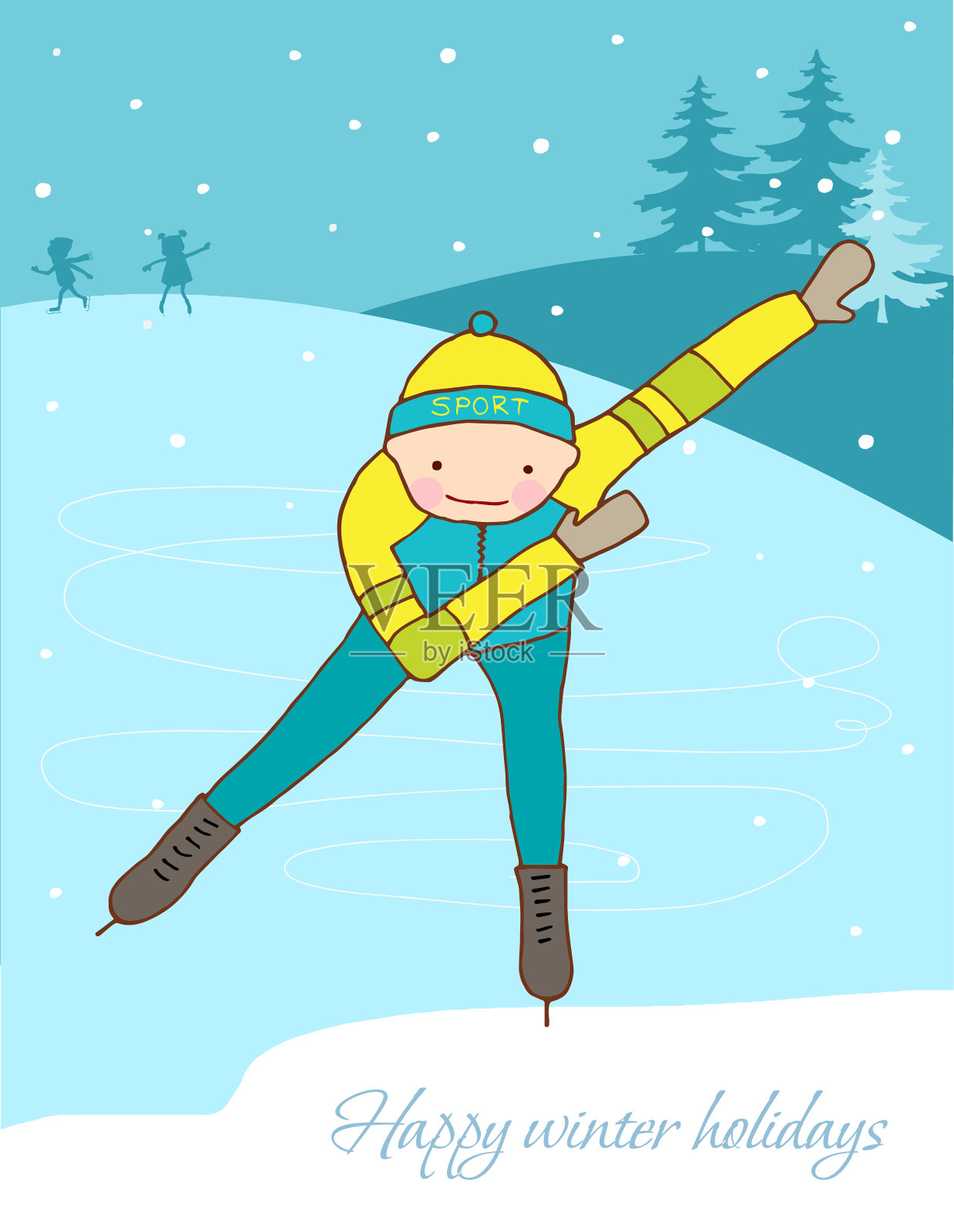 冬天。运动。男孩滑冰。寒假插画图片素材