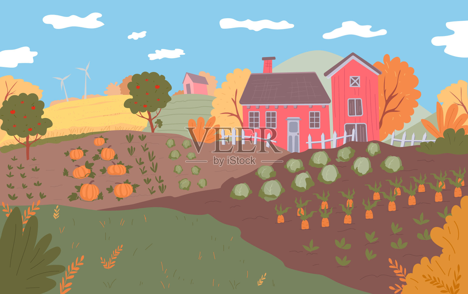 秋天的农场景观。大田庄稼，自然，收获季节。插画图片素材