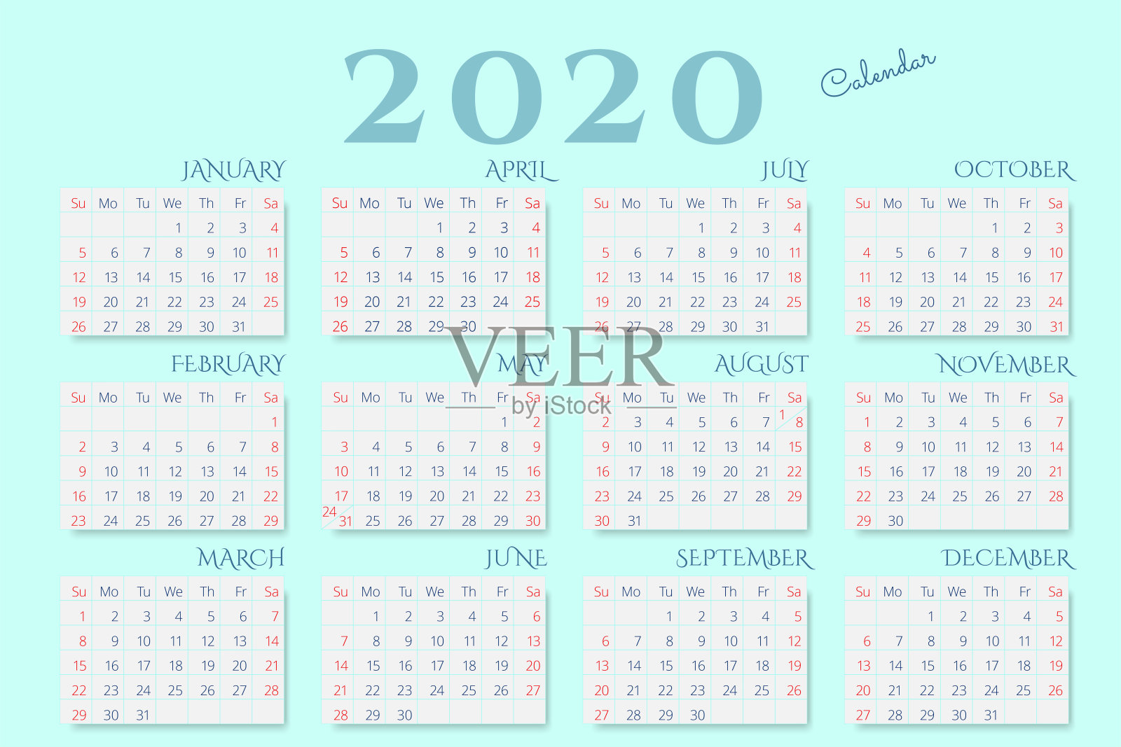 2020年新年日历薄荷色背景。插画图片素材