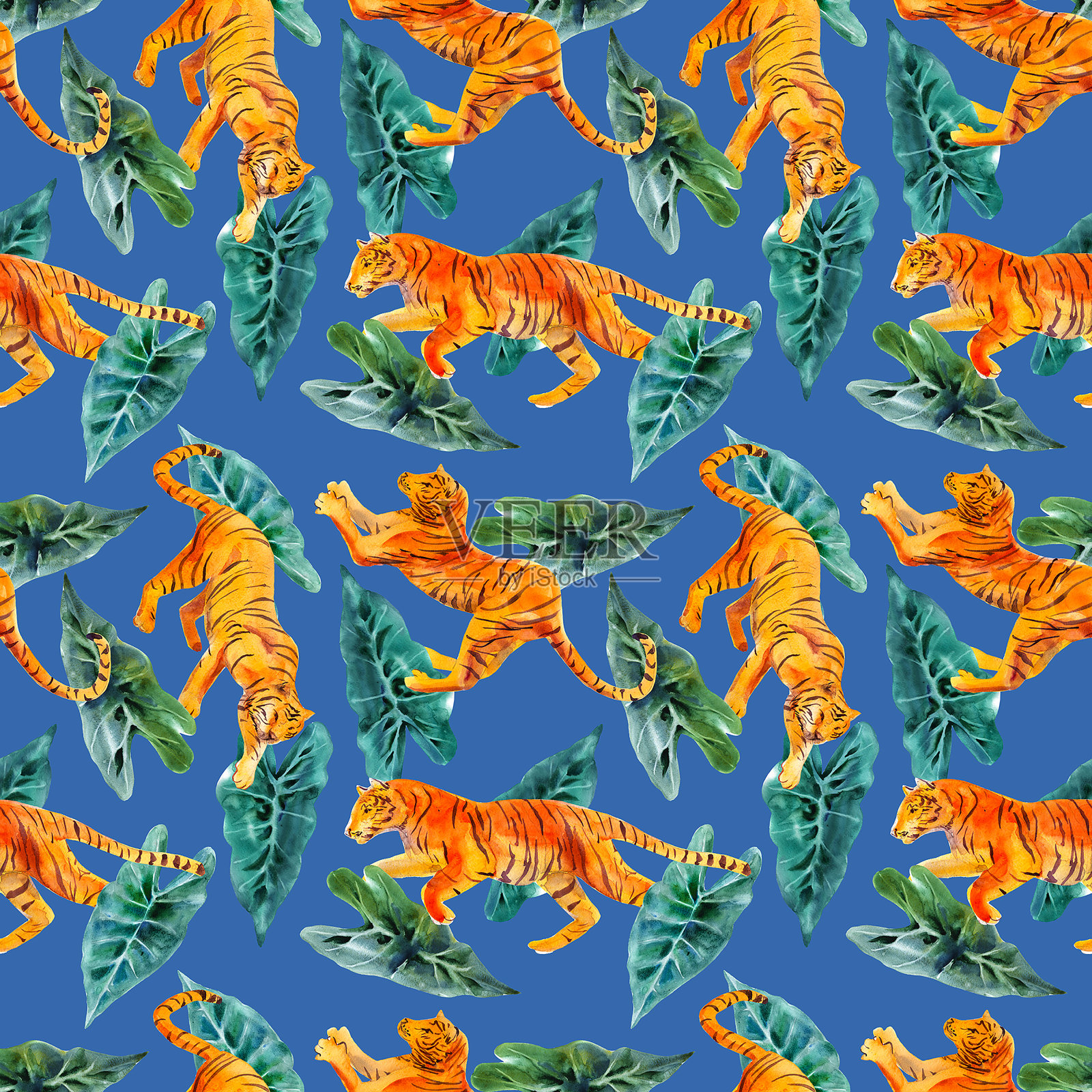 水彩无缝模式与老虎和热带植物隔离在蓝色背景。时尚的风格。插画图片素材