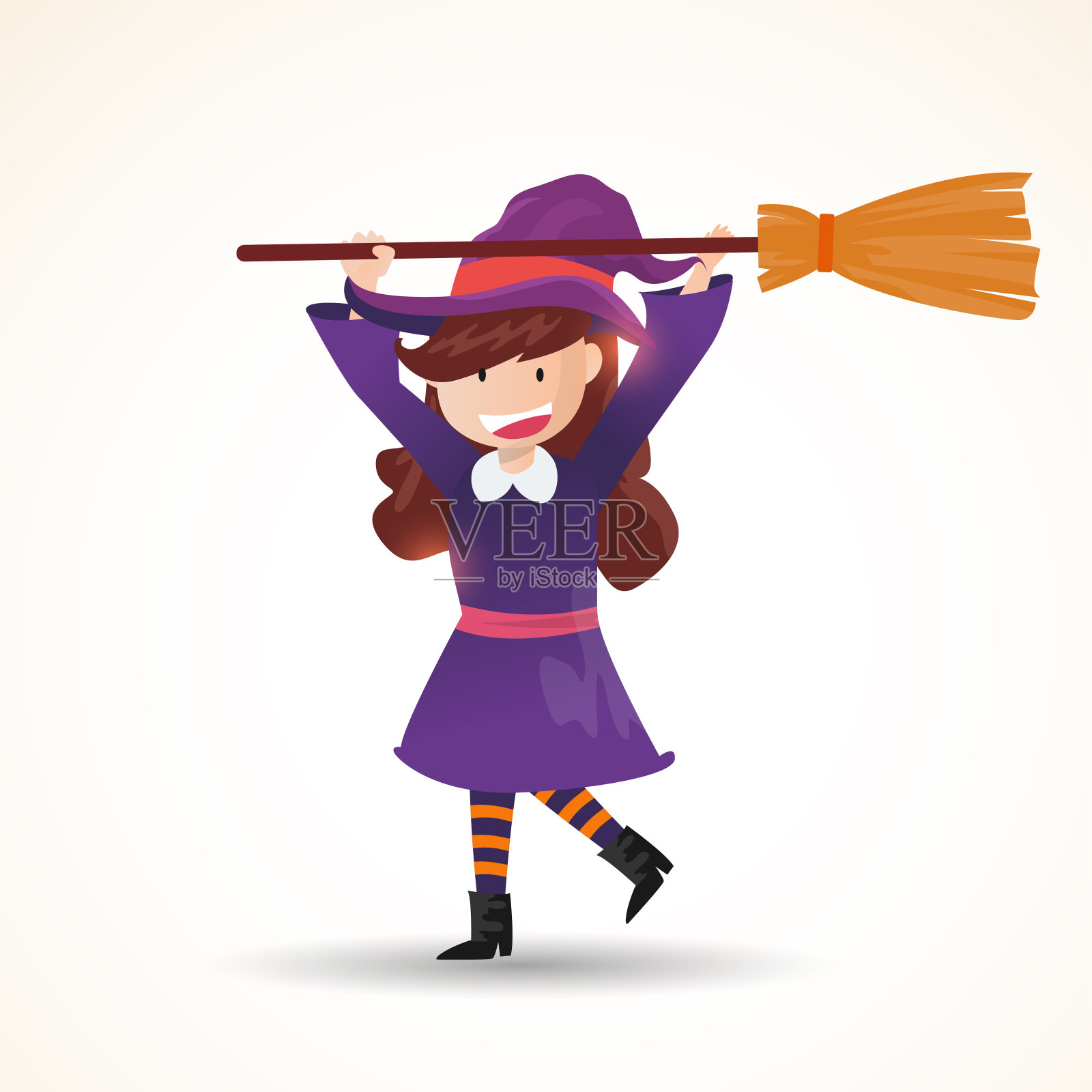 一个拿着扫帚的可爱小女巫。万圣节女巫儿童服装人物设计矢量孤立的背景。插画图片素材