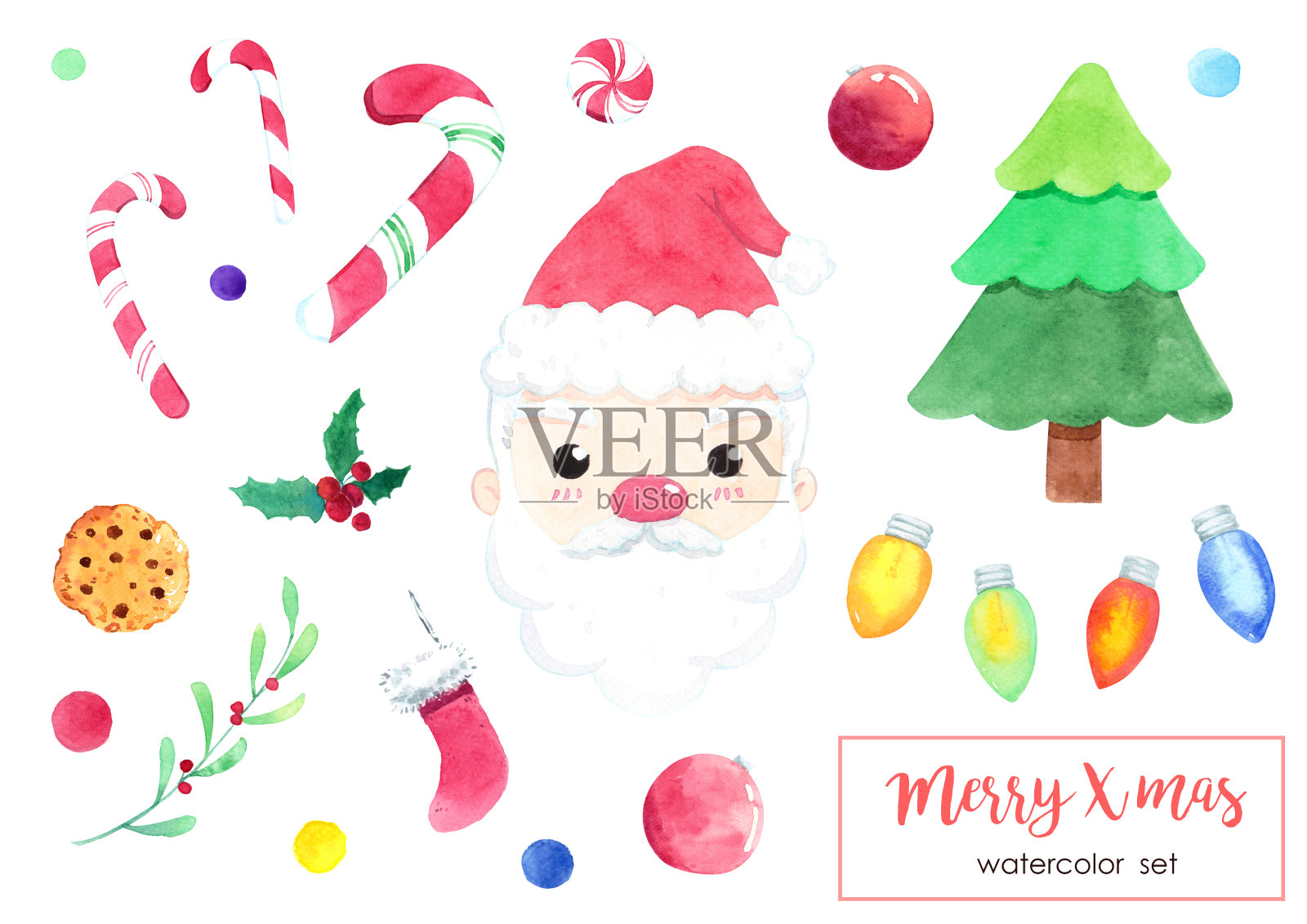 可爱的水彩圣诞物品集:圣诞老人，冷杉树，球，甜，袜子，冬青浆果，仙女灯图标。圣诞装饰元素孤立的白色背景。手绘插图。剪切路径。插画图片素材