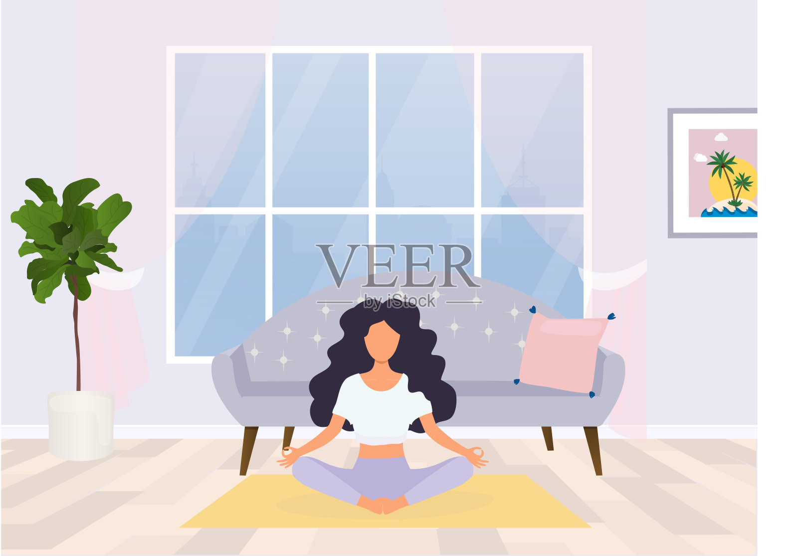 年轻女子坐在瑜伽姿势和冥想。冥想，在家放松。插画图片素材